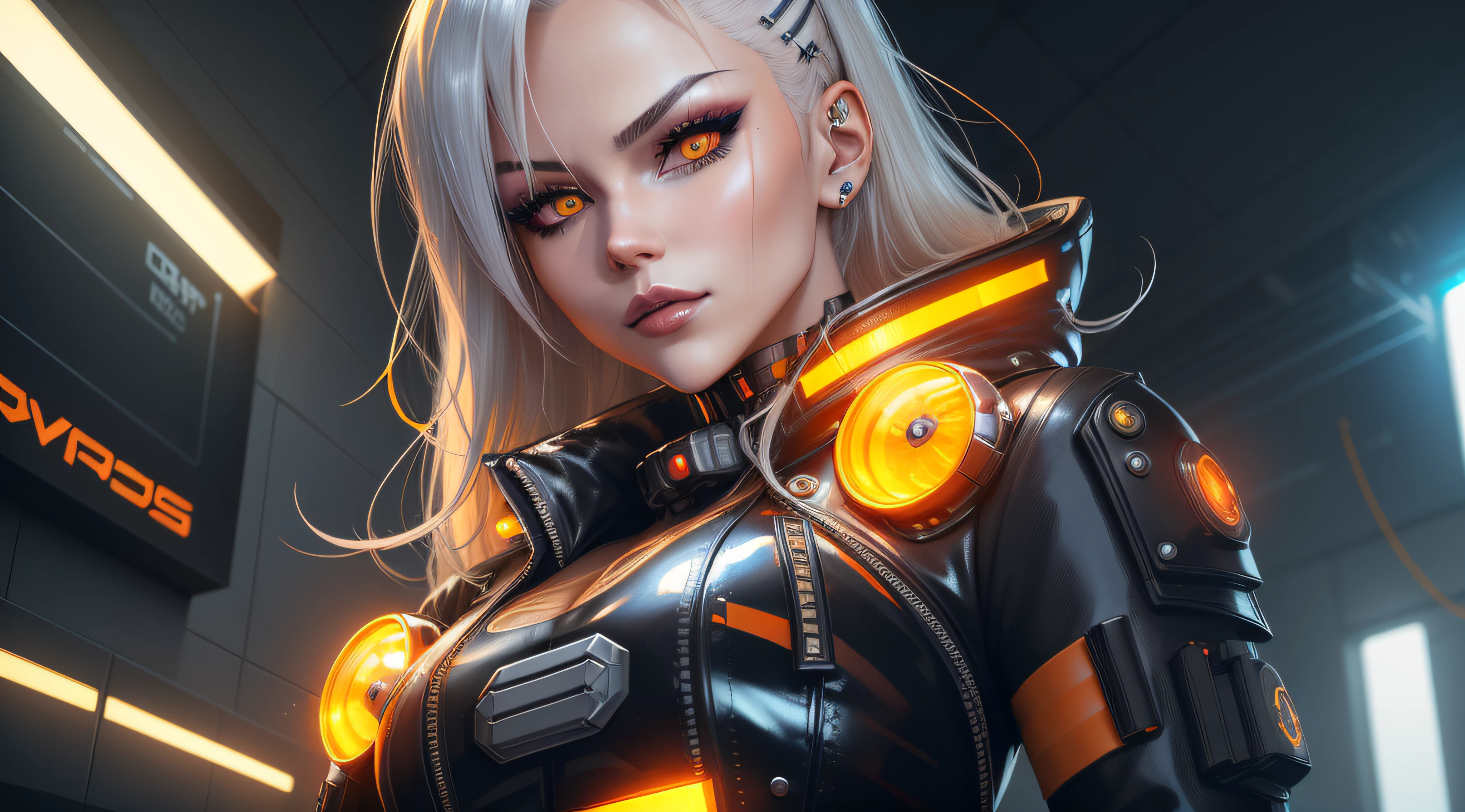 blond woman with orange eyes in black latex outfit posing, cyborg - girl with silver hair, beautiful cyberpunk girl face, portrait beautiful sci - fi girl, attractive sci - fi face, beautiful cyberpunk woman model, hyper-realistic cyberpunk style, metal and glowing eyes, with glowing yellow eyes, wlop glossy skin, female cyberpunk anime girl, the cyberpunk girl portrait