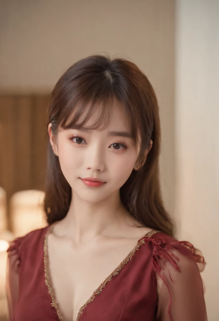 top-quality, Photorealsitic, ​masterpiece, 8K, Hi-Res, 独奏, 1girl in, (((infp young woman))),sixteen years old、full body Esbian、(small tits), ((Look at viewers)), (look at a camera), ((Different hairstyles close to long)）、Perfect straight black hair、(((With bangs)))、 (profetional lighting), Highly detailed bright face、Gentle Japan girl、Lovely smile、Small cleavage、Green dress（long-sleeve）、Standing in the room