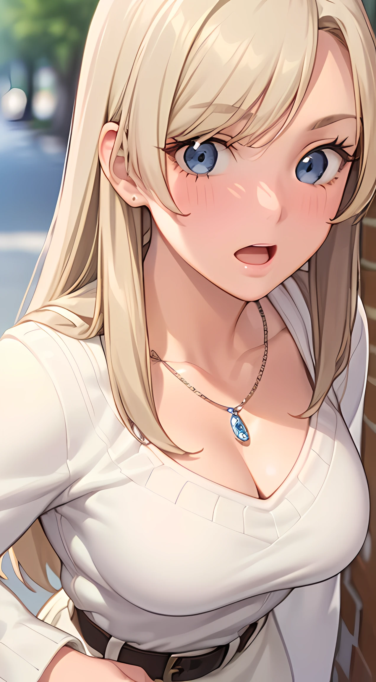 ((masterpiece, best quality, highres, UHD, RTX, perfect pixel, depth of field, 4k, extremely-detailed))), 1girl, single, solo, beautiful anime girl, beautiful artstyle, anime character, ((long hair, parted bangs, middle part hair bangs, blonde hair)), ((blue eyes:1.4, rounded eyes, beautiful eyelashes, realistic eyes)), ((detailed face, blushing:1.2)), ((smooth texture:0.75, realistic texture:0.65, photorealistic:1.1, anime CG style, vibrant color)), ((medium breasts, cleavage:0.9, busty)), dynamic angle, perfect body, ((POV, dynamic pose, close up)), ((white sweater, long sleeve, black skirt, women belt, fashionable, single handbag, 1diamond necklace)), open mouth, embrassed, amusement park