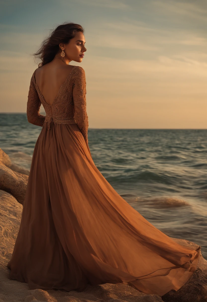 Brown woman with long brown eyes dressed in a long dress by the sea very pretty with a thin smile quite thin view of the whole body realizes