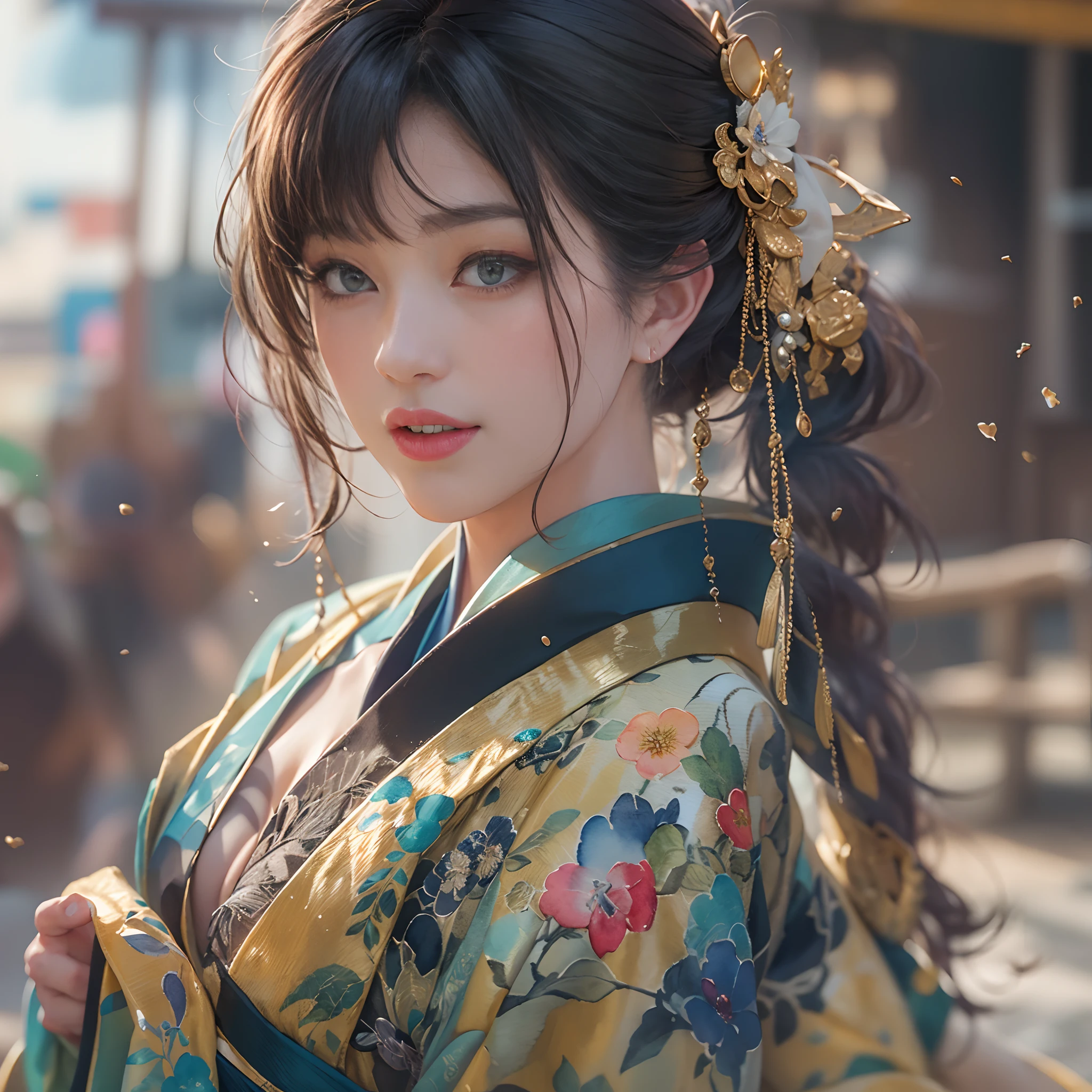 watching at viewers、Background with((The ancient capital of Japan:1.2)And the moon、((dense background))、(Colorful:0.8),,(Solo:1.2), (Ink splashing),(splashes of colour),((watercolor paiting))),BREAK {{{Luxury kimono(Colorful kimono(Detailed golden embroidery,))}}}、face perfect,Depict a beautiful and graceful woman of Japan。(poneyTail:1.5)、Woman with shiny black hair、perfect hand、Heart in the eye,Large breasts,cleavage of the breast,full body Esbian。 Wallpaper 8K, .Blur the background with a sickle,((masutepiece)), ((Best Quality)),epicd(Lige Fries Photography、sony a7、50 millimeters、pores:1.5、Farbe、ultra-detailliert:1.5、film grains:1.4、hyper realisitic:1.5)、octan render、 ultra realistic lifelike textures、masterpiece、unrealengine5、the Extremely Detailed CG Unity 8K Wallpapers、Madly detailed photo、Ultra-realistic light、(Pulitzer Prize for Best Photography、Taylor Wessing Award for Best Photography)