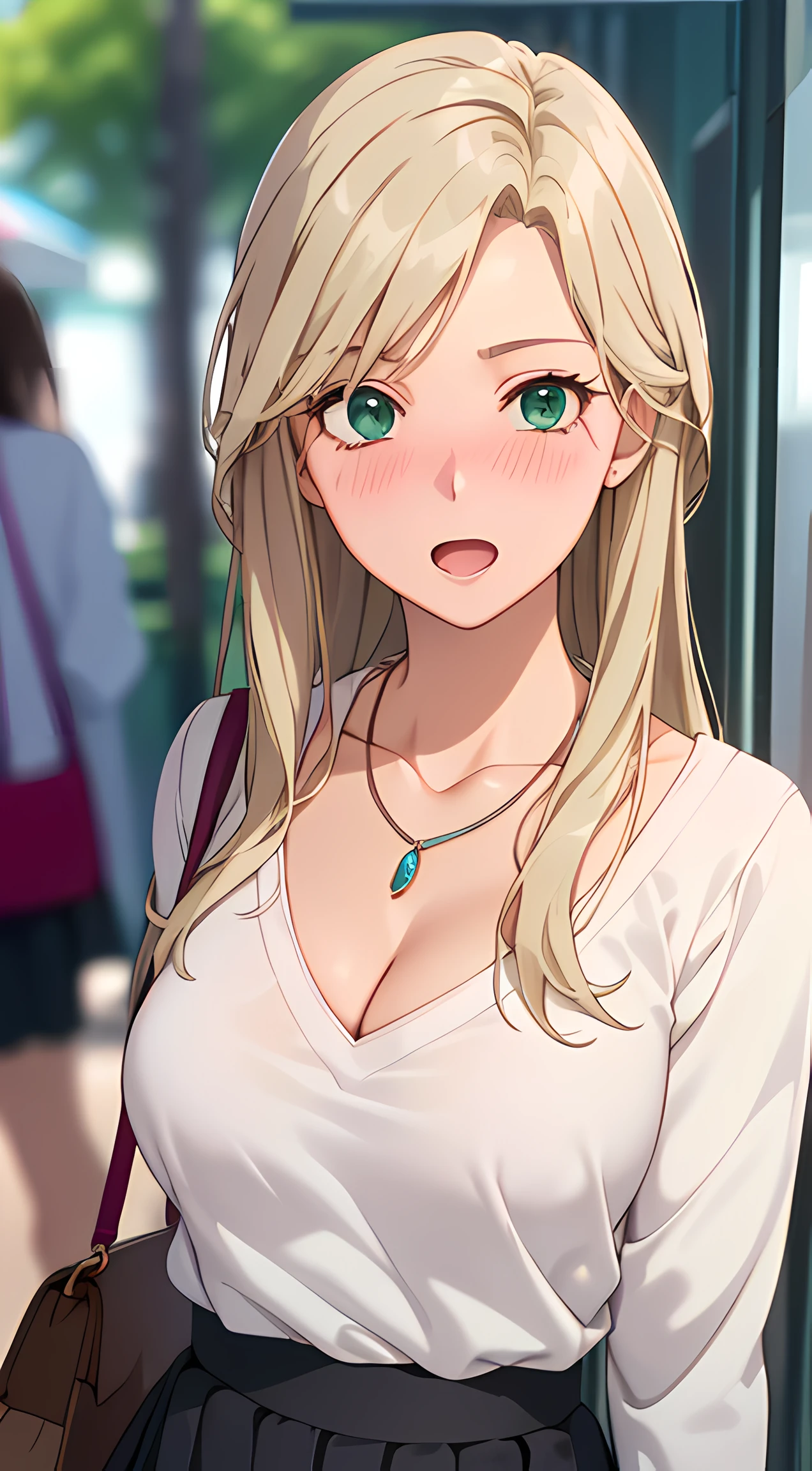 ((masterpiece, best quality, highres, UHD, RTX, perfect pixel, depth of field, 4k, extremely-detailed))), 1girl, single, solo, beautiful anime girl, beautiful artstyle, anime character, ((long hair, parted bangs, middle part hair bangs, blonde hair)), ((green eyes:1.4, rounded eyes, beautiful eyelashes, realistic eyes)), ((detailed face, blushing:1.2)), ((smooth texture:0.75, realistic texture:0.65, photorealistic:1.1, anime CG style, vibrant color)), ((medium breasts, cleavage:0.9, busty)), dynamic angle, perfect body, ((POV, dynamic pose, close up, looking at viewer)), ((white sweater, long sleeve, black skirt, fashionable, single handbag, 1diamond necklace)), open mouth, embrassed, amusement park