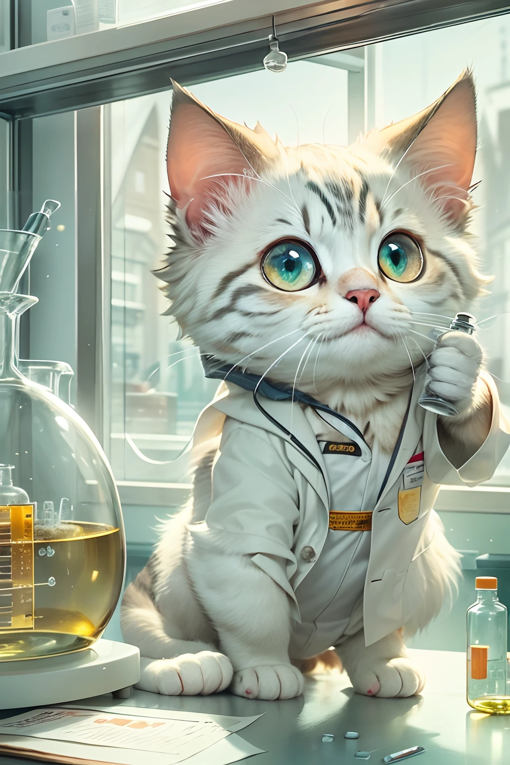 A cute round-eyed cat wearing a white lab coat, Holding a round-bottom flask in the chemistry lab, There is a test tube rack on the front, The glass case has medicines, Sunlight outside the window,