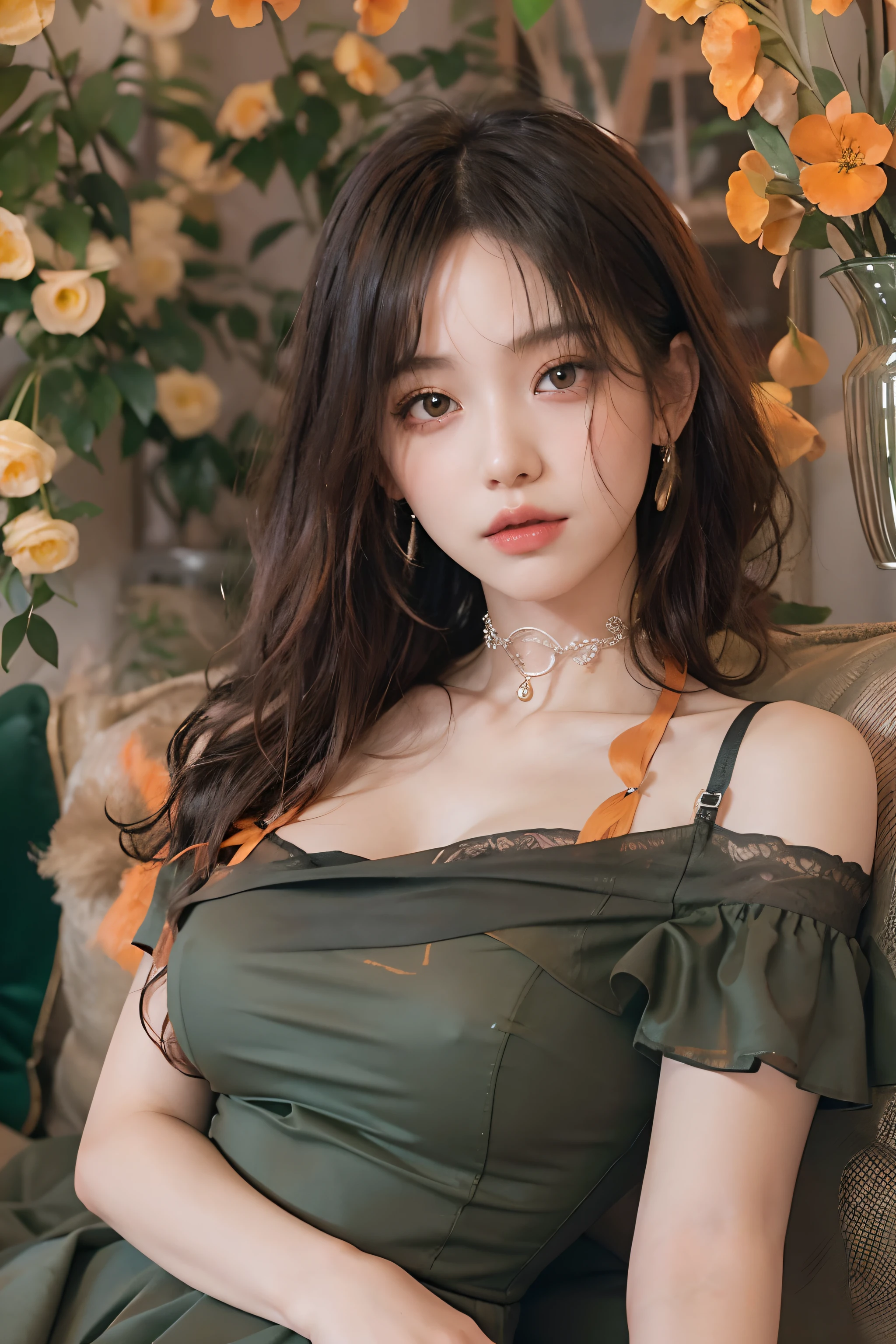 (upper Shot)、1girl in、in her 20s、((Medium Hair))、(((Black hair, Orange dip dyed hair)))、((bangss))、(Photoreal Stick:1.2)、in 8K、(High quality shadows)、(A charming expression)、Detail Beautiful delicate face、Detail Beautiful delicate eyes、Cute K-pop Idol、(Korean Urzan Face)、pureerosface_v1、(looking at view)、gloweyes、perfectbody、((strong lights))、(a choker)、(piercings)、((Brown eyes))、((Beautiful Finger))、 Shiny hair、Description beautiful delicate hair、(Lustrous skin)、((Green see-through dress))、(corsets)、(long skirt)、 (early evening)、Background blur、灯光、huge window、Flowers in a vase、Sit on a large sofa、
