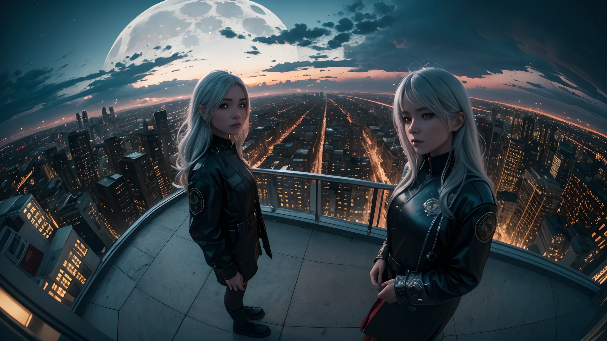 ((fisheye views)), a photo of 8k ultra realistic beautiful sad girl standing on top of building, silver hair, watching the city burn , moon night , full city visible , intricate red and light cloudy yellow , ornate, cinematic lighting, trending on artstation, 4k, hyperrealistic, focused, high details, unreal engine 5, cinematic