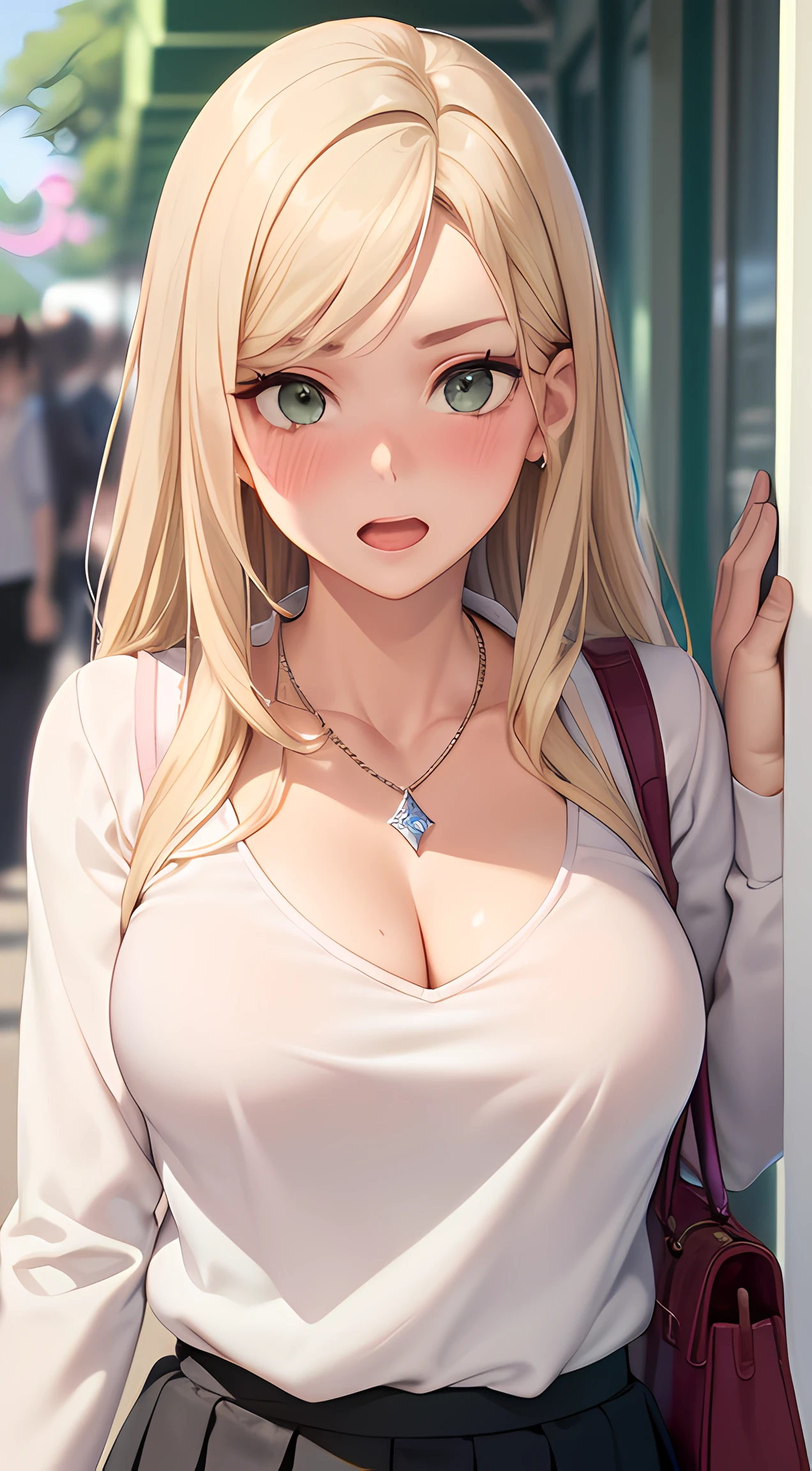 ((masterpiece, best quality, highres, UHD, RTX, perfect pixel, depth of field, 4k, extremely-detailed))), 1girl, single, solo, beautiful anime girl, beautiful artstyle, anime character, ((long hair, parted bangs, middle part hair bangs, blonde hair)), ((green eyes:1.4, rounded eyes, beautiful eyelashes, realistic eyes)), ((detailed face, blushing:1.2)), ((smooth texture:0.75, realistic texture:0.65, photorealistic:1.1, anime CG style, vibrant color)), ((medium breasts, cleavage:0.9, busty)), dynamic angle, perfect body, ((POV, dynamic pose, close up, looking at viewer)), ((white sweater, long sleeve, black skirt, fashionable, single handbag, 1diamond necklace)), open mouth, embrassed, amusement park