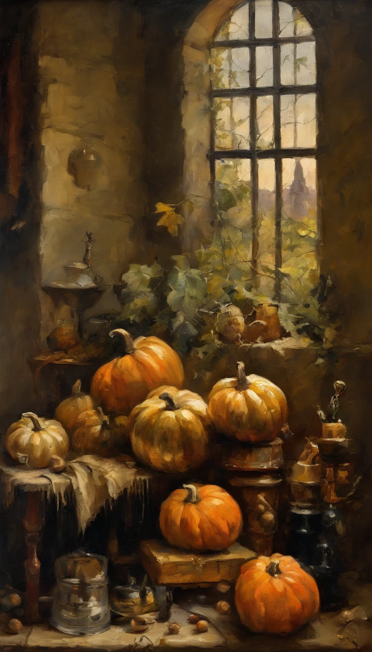 oil painting, heavy brushstrokes, paint drips, A scene of pumpkins, sitting in a vintage kitchen, Baroque, dramatic contrasts between light and dark, emotional intensity, tenebrism, soft edges, oil on canvas, romanticism, baroque, realism, chiaroscuro, Dutch Golden Age, impasto, by Rembrandt van Rijn, by Rembrandt, rich, deep colors, layered image shaded by cells, golden ratio, award winning, professional, highly detailed, intricate, volumetric lighting, gorgeous, masterpiece, sharp focus, depth of field, perfect composition, award winner, artstation, acrylic painting, pixiv fanbox trends, palette knife and brush strokes, 16k hi-res, uhd