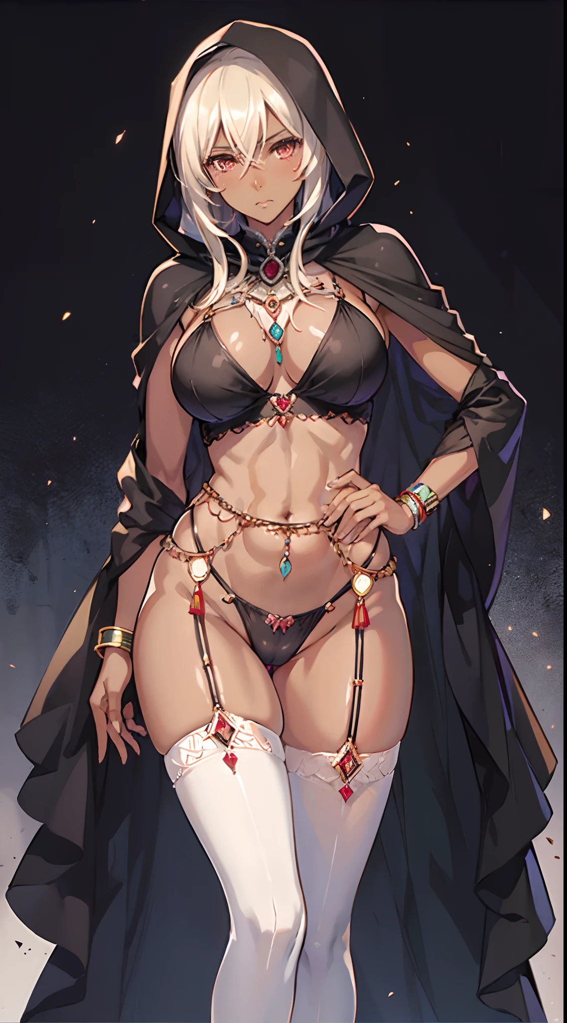 (A MILF),(((maturefemale,adult woman))),masutepiece, top-quality, ultra-definition, max resolution, A highly detailed,((((Dark skin)))), Extremely sexy,Large breasts,blush,high legs,thong,Wearing a hood,belly dance dresses,cleavage,overknee socks,Desert Village,natta,groin,