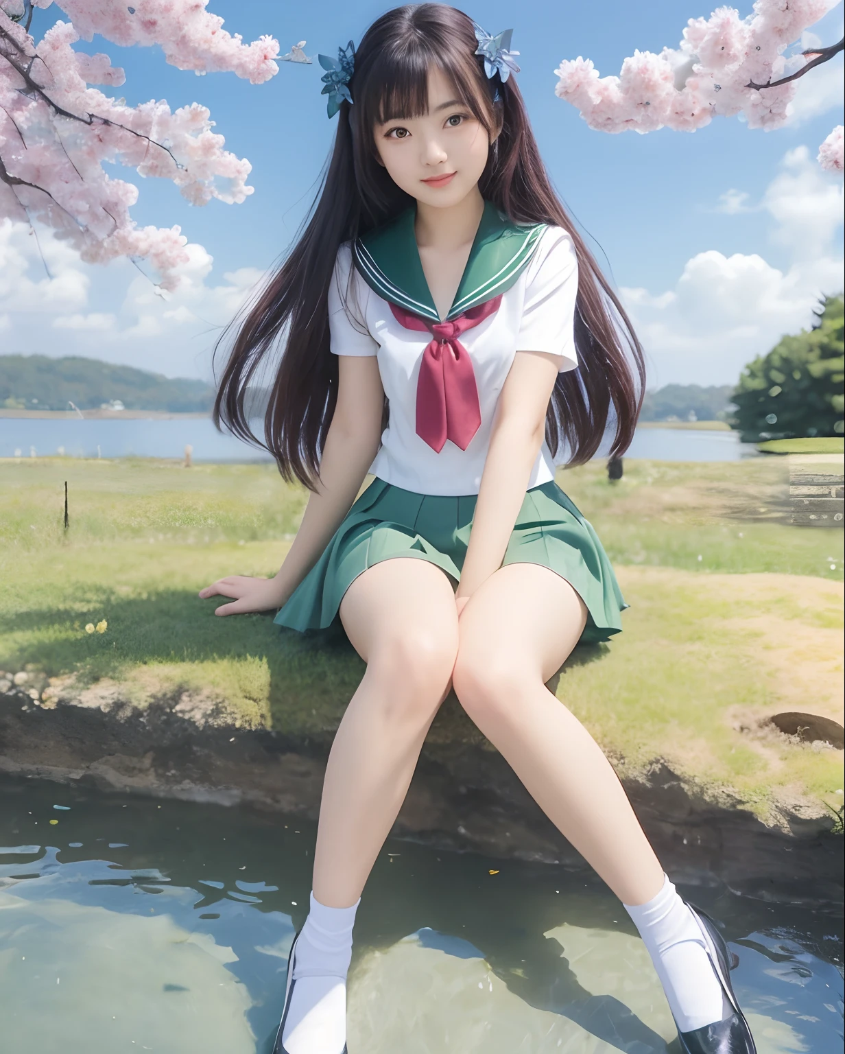 girl sitting on a rock by a pond with a cherry tree in the background, a cute girl, iwakura lain, beautiful high school girl, beautiful girl, sailor uniform, green short skirt,red tie