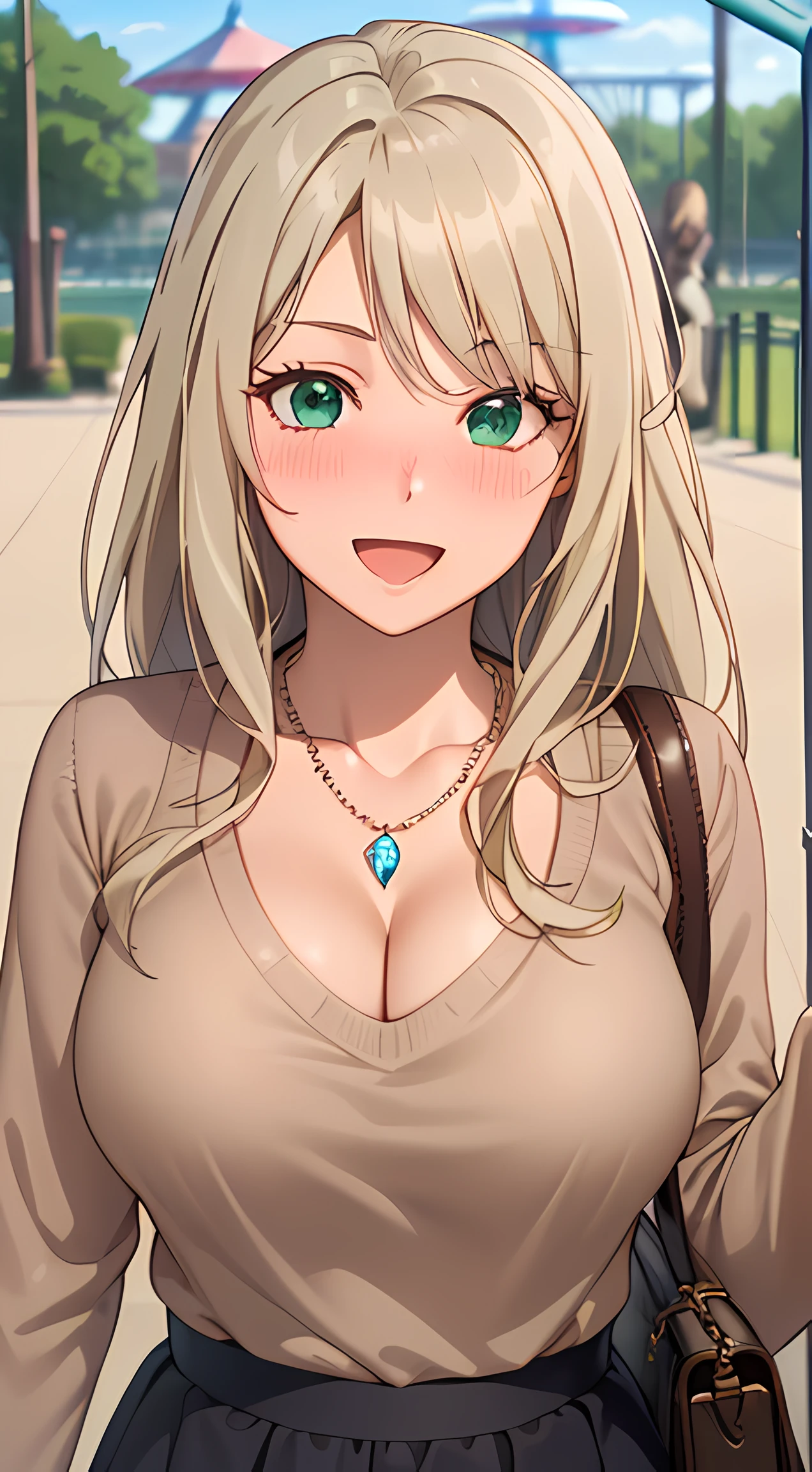((masterpiece, best quality, highres, UHD, RTX, perfect pixel, depth of field, 4k, extremely-detailed))), 1girl, single, solo, beautiful anime girl, beautiful artstyle, anime character, ((long hair, parted bangs, middle part hair bangs, dark blonde hair)), ((green eyes:1.4, rounded eyes, beautiful eyelashes, realistic eyes)), ((detailed face, blushing:1.2)), ((smooth texture:0.75, realistic texture:0.65, photorealistic:1.1, anime CG style, vibrant color)), ((medium breasts, cleavage, busty)), dynamic angle, perfect body, ((POV, dynamic pose, close up, looking at viewer)), ((brown sweater, long sleeve, black skirt, fashionable, single handbag, 1diamond necklace)), smile, open mouth, embrassed, amusement park