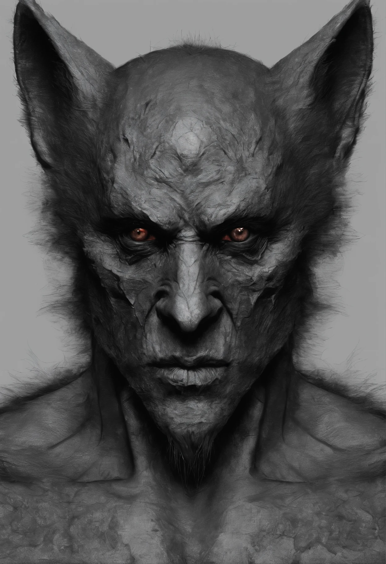 wolfman apresentador super realista clima sombrio, with large eyes and ears lips easy to identify, Face easy to identify, boca fechada, clima sombrio e realista, pelos negros olhos vermelhos