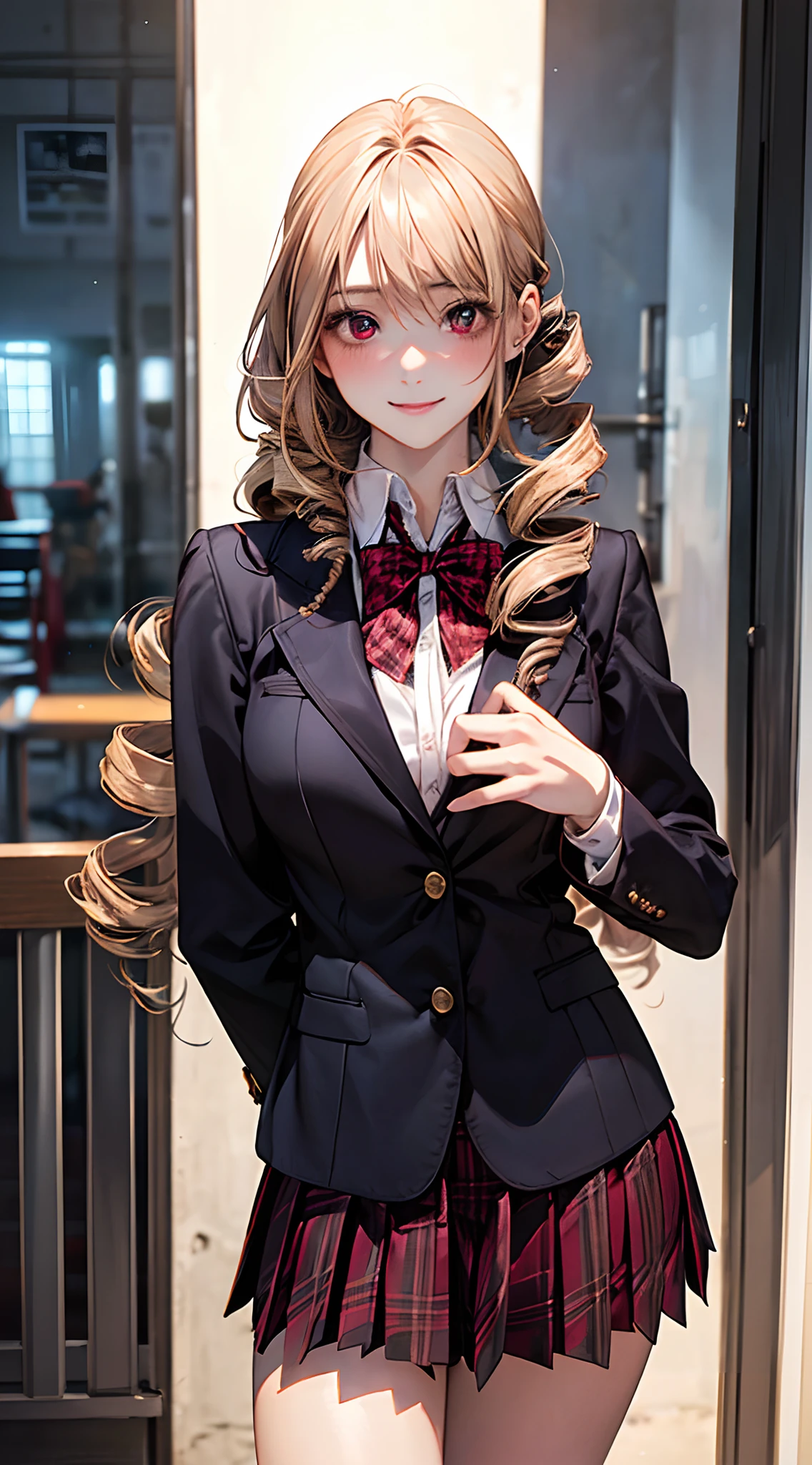 (masterpiece:1.2, top-quality), (realistic, photorealistic:1.4), beautiful illustration, NSFW,
looking at viewer, cowboy shot, front view:0.6,
1 girl, japanese, high school girl, blond hair, (long hair:1.8), (drill hair:1.7), bangs, hair between eye, red eyes, large breasts:0.8, (thick thighs),
beautiful hair, beautiful face, beautiful detailed eyes, beautiful clavicle, beautiful body, beautiful chest, beautiful thigh, beautiful legs, beautiful fingers,
(beautiful scenery), morning, church,
((maroon blazer, pleated mini skirt, socks, black private school uniform:1.2, houndstooth pleated skirt, red plaid bow tie)), pink panties,
(swollen), ((seductive posture: 1.2, attractiveness: 1.2)), (idle),
(erotic, sexy, upper eyes, smile), shiny skin,
perfect face, cute and symmetrical face, natural side lighting, movie lighting),
walking, hands on chest,