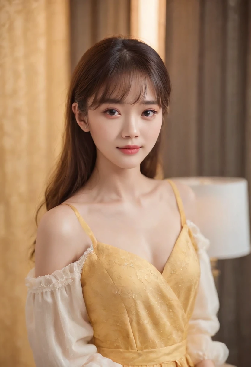 top-quality, Photorealsitic, masterpiece, 8K, Hi-Res, 独奏, 1girl in, (((infp young woman))),sixteen years old、full body Esbian、(small tits), ((Look at viewers)), (look at a camera), ((Different hairstyles close to long))、Perfect straight black hair、(((With bangs)))、 (profetional lighting), Highly detailed bright face、Gentle Japan girl、Lovely smile、Small cleavage、Yellow dress(long-sleeve)、Standing in the room