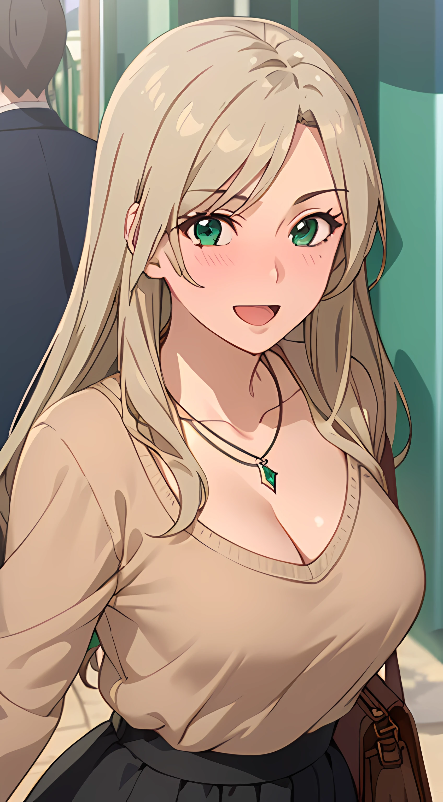 ((masterpiece, best quality, highres, UHD, RTX, perfect pixel, depth of field, 4k, extremely-detailed))), 1girl, single, solo, beautiful anime girl, beautiful artstyle, anime character, ((long hair, parted bangs, middle part hair bangs, dark blonde hair)), ((green eyes:1.4, rounded eyes, beautiful eyelashes, realistic eyes)), ((detailed face, blushing:1.2)), ((smooth texture:0.75, realistic texture:0.65, photorealistic:1.1, anime CG style, vibrant color)), ((medium breasts, cleavage, busty)), dynamic angle, perfect body, ((POV, dynamic pose, close up, looking at viewer)), ((brown sweater, long sleeve, black skirt, fashionable, single handbag, 1diamond necklace)), smile, open mouth, embrassed, amusement park