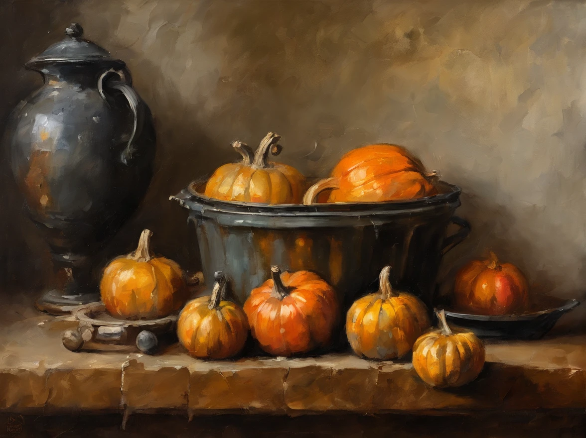 oil painting, heavy brushstrokes, paint drips, A scene of pumpkins, sitting in a vintage kitchen, Baroque, dramatic contrasts between light and dark, emotional intensity, tenebrism, soft edges, oil on canvas, romanticism, baroque, realism, chiaroscuro, Dutch Golden Age, impasto, by Rembrandt van Rijn, by Rembrandt, rich, deep colors, layered image shaded by cells, golden ratio, award winning, professional, highly detailed, intricate, volumetric lighting, gorgeous, masterpiece, sharp focus, depth of field, perfect composition, award winner, artstation, acrylic painting, pixiv fanbox trends, palette knife and brush strokes, 16k hi-res, uhd