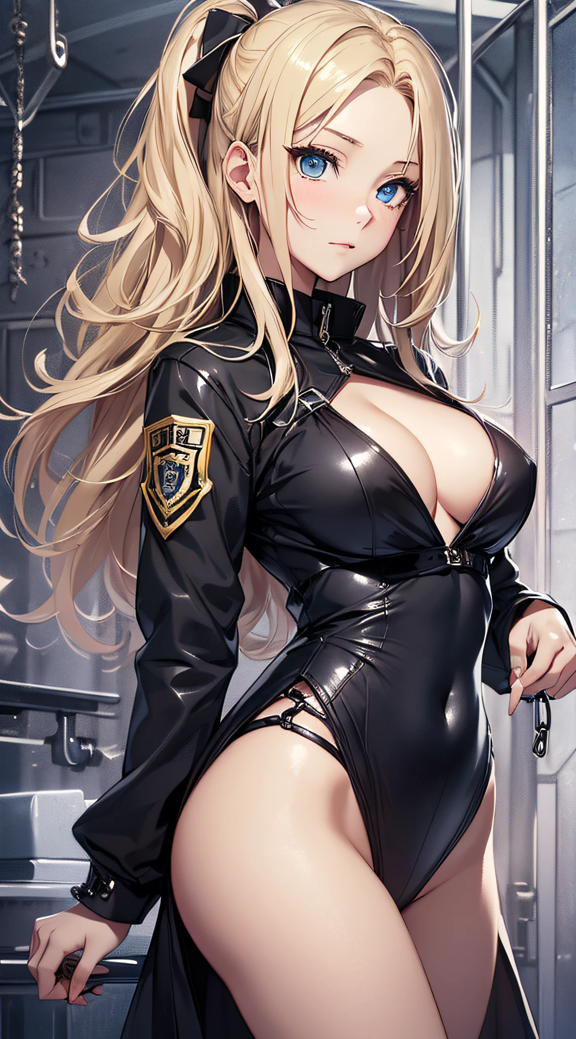 top-quality、Top image quality、​masterpiece、girl with((18year old、Black prison uniform、 Best Bust、Bust 85、a blond、Semi-long、Blue eyes、open chest wide、Valley、Happiness、A slender、Seduction poses、Bad face、Cuffed)）hiquality、Beautiful Art、Background with((prison))、masutepiece、Elaborate design、visualart