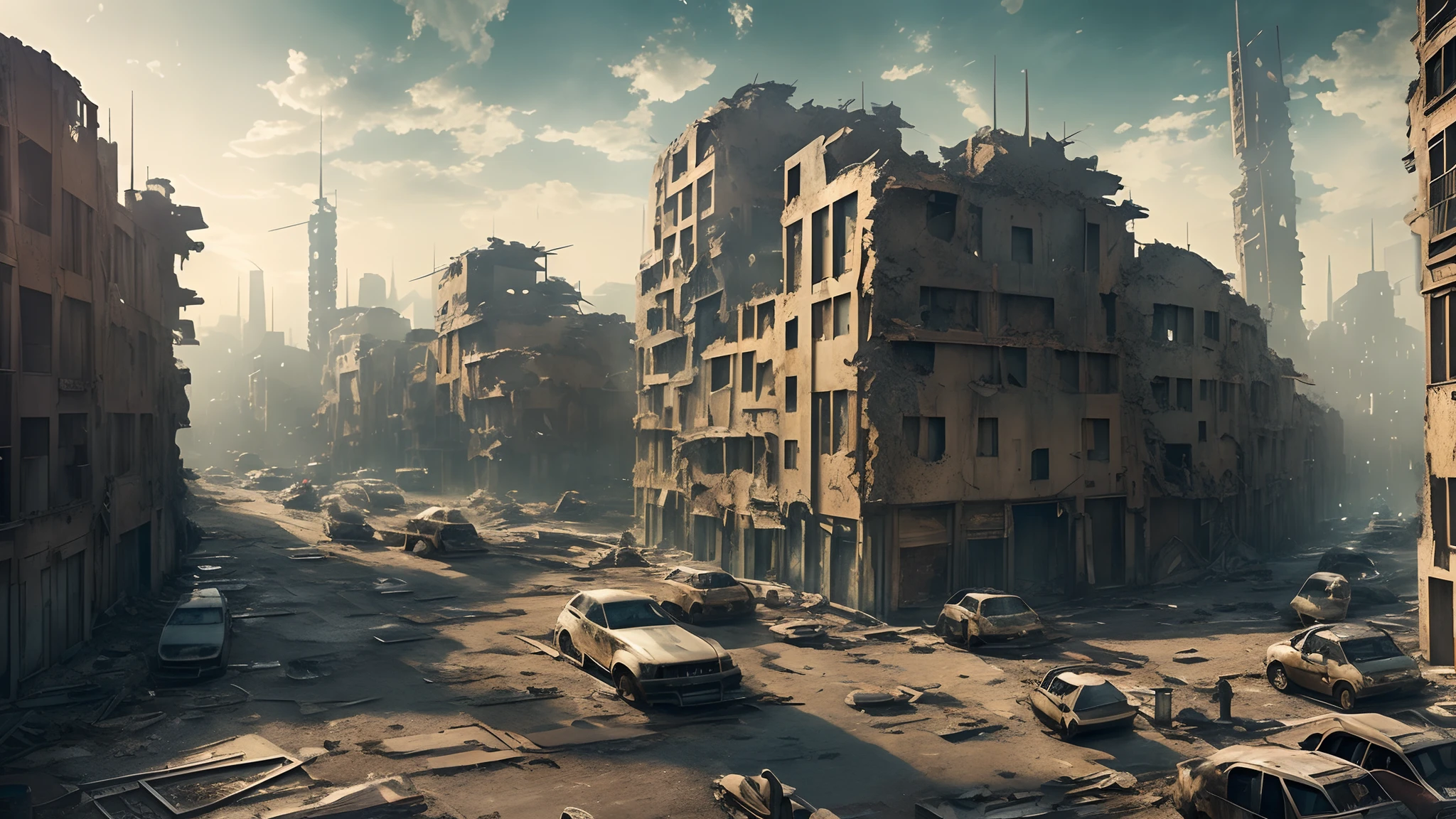 ((masutepiece)), ((Best Quality)), 8K, detaileds, Ultra-detailed, Ruined cityscape, Wrapped in neutral colors, Reminiscent of a movie set, Have a complex background, Abandoned city, Neutral colors, film shooting, Complex background, desolation, urban decay, Cinematic, Mysterious, Atmospheric.