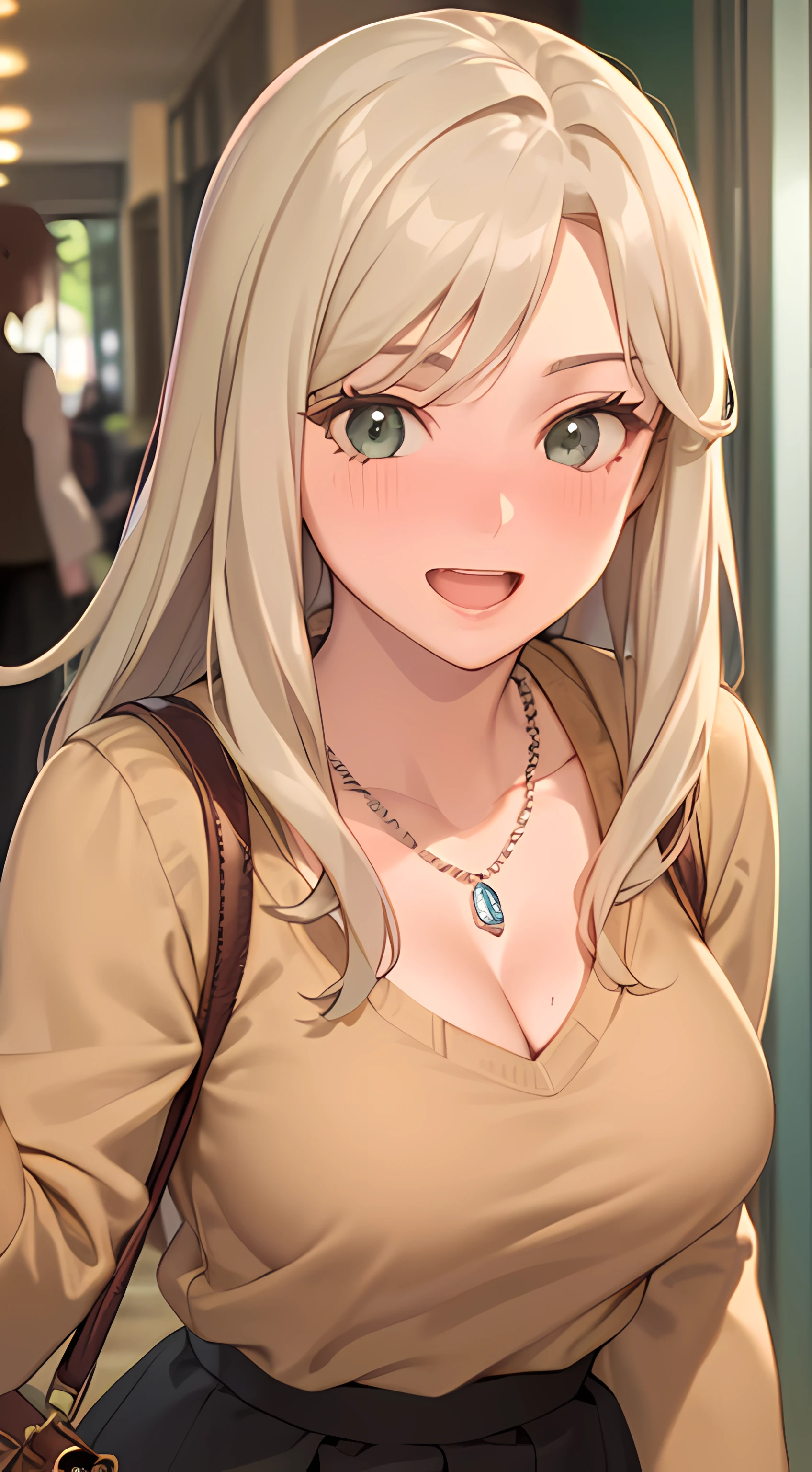 ((masterpiece, best quality, highres, UHD, RTX, perfect pixel, depth of field, 4k, extremely-detailed))), 1girl, single, solo, beautiful anime girl, beautiful artstyle, anime character, ((long hair, parted bangs, middle part hair bangs, dark blonde hair)), ((green eyes:1.4, rounded eyes, beautiful eyelashes, realistic eyes)), ((detailed face, blushing:1.2)), ((smooth texture:0.75, realistic texture:0.65, photorealistic:1.1, anime CG style, vibrant color)), ((medium breasts, cleavage, busty)), dynamic angle, perfect body, ((POV, dynamic pose, close up, looking at viewer)), ((brown sweater, long sleeve, black skirt, fashionable, single handbag, 1diamond necklace)), smile, open mouth, embrassed, amusement park