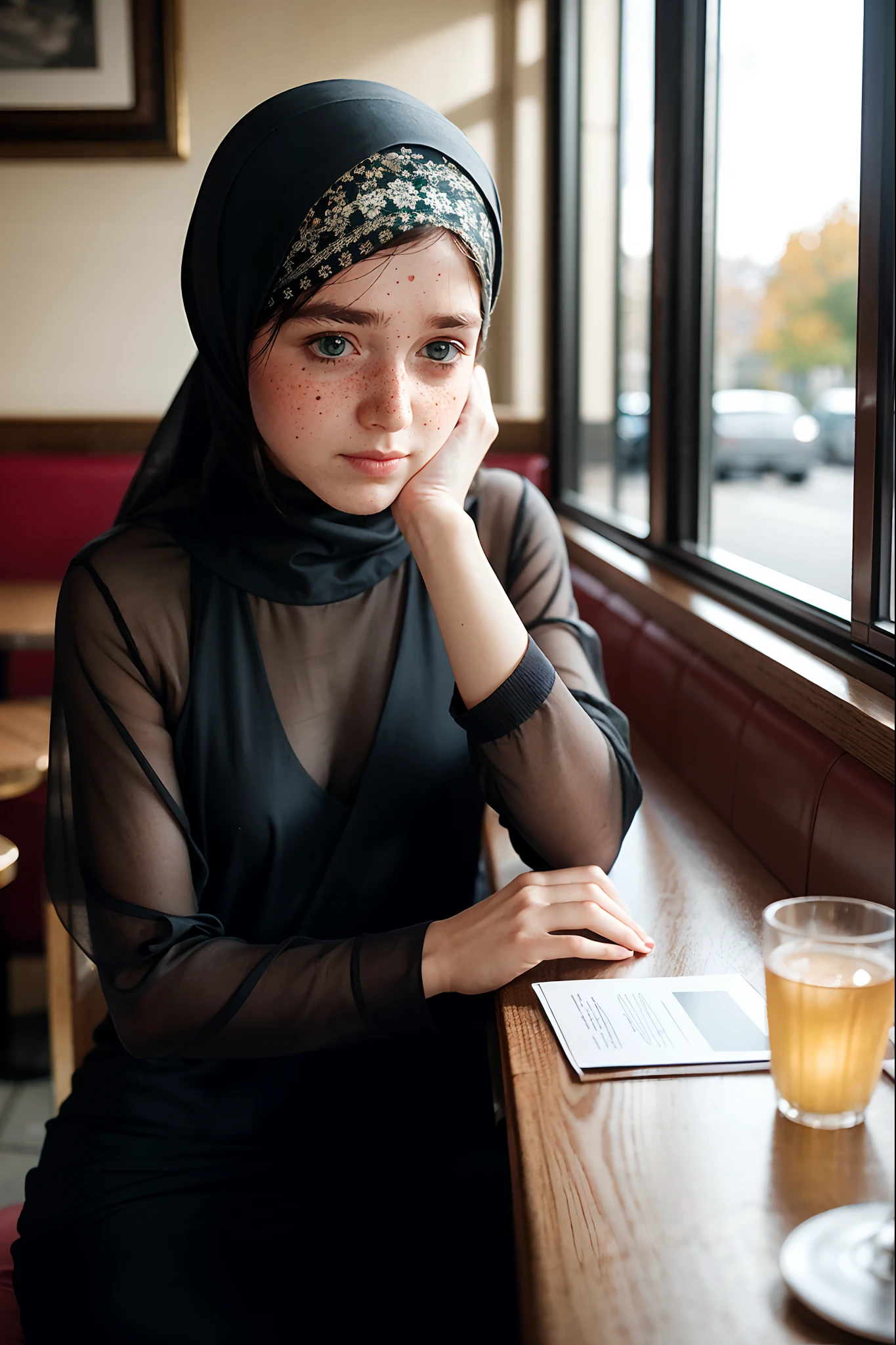 Portrait of a girl in jilbab, dating leaning forward, rok panjang, (pov dating:1.3), muslim floral sexy see through dress, 25 years old, autumn forest, sitting across at a diner table in Parisian Café, small chest, (photography, realistic, bokeh, blur), (pov view)