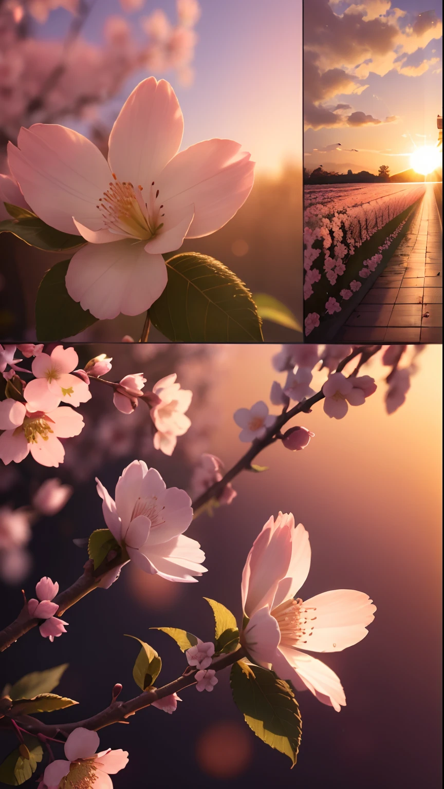 Creates a high-resolution image of a cherry blossom on a beautiful sunset afternoon, close up, ultra detailed, 8K, Sunshine Lights