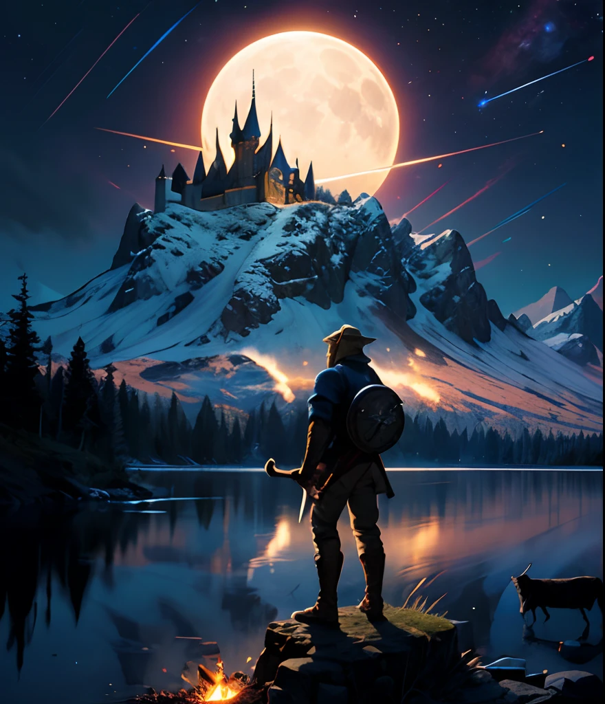 Legend of zelda, male hero holding sword, standing triumphant, dynamic light, mountains, night, stars, moonlight, campfire, reflection lake in background, hyper-realistic, best quality, black hair, medieval, castle on top of mountain in background, cows in background, herd of cattle, grazing, horns, bull
