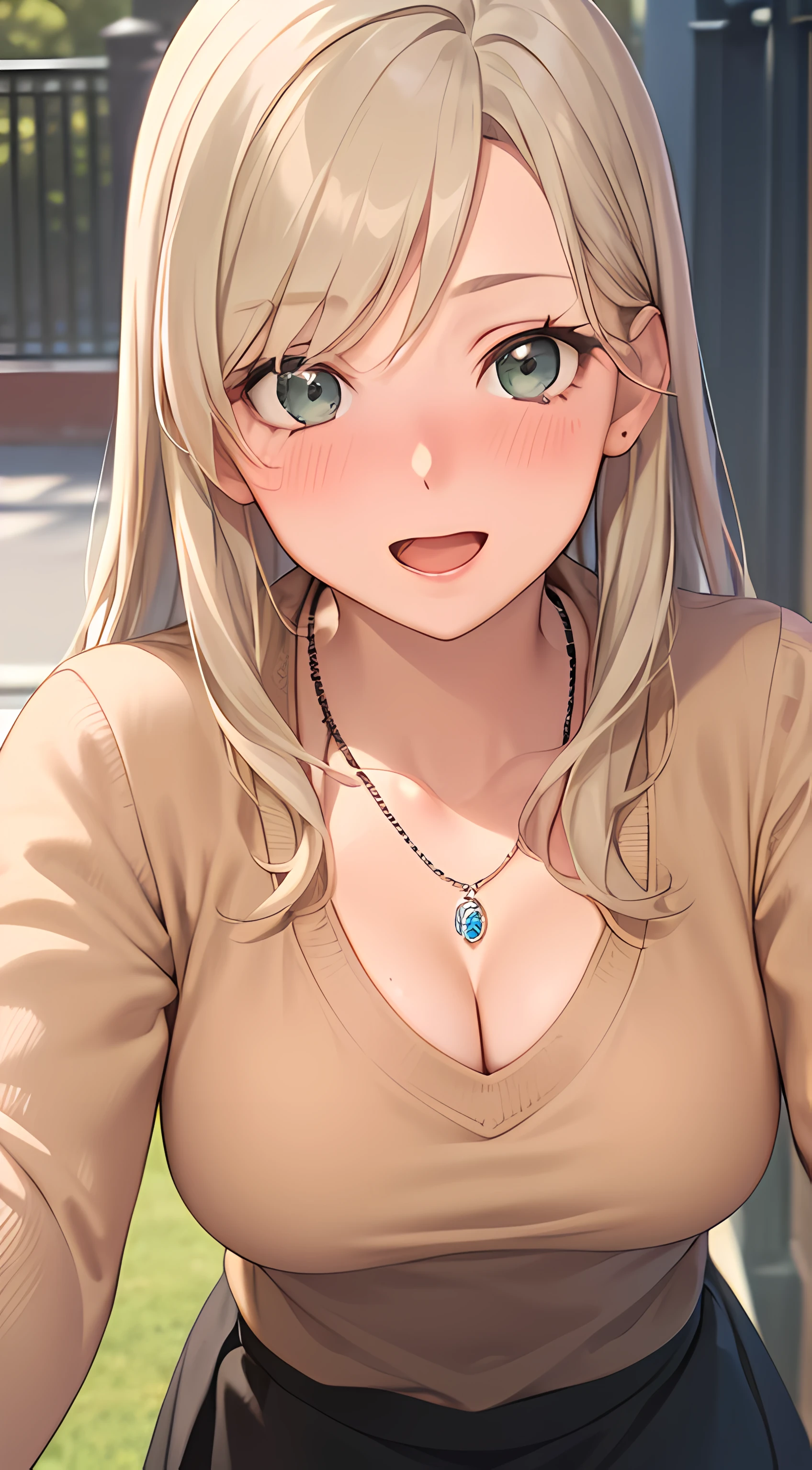 ((masterpiece, best quality, highres, UHD, RTX, perfect pixel, depth of field, 4k, extremely-detailed))), 1girl, single, solo, beautiful anime girl, beautiful artstyle, anime character, ((long hair, parted bangs, middle part hair bangs, dark blonde hair)), ((green eyes:1.4, rounded eyes, beautiful eyelashes, realistic eyes)), ((detailed face, blushing:1.2)), ((smooth texture:0.75, realistic texture:0.65, photorealistic:1.1, anime CG style, vibrant color)), ((medium breasts, cleavage, busty)), dynamic angle, perfect body, ((POV, dynamic pose, close up, looking at viewer)), ((brown sweater, long sleeve, black skirt, fashionable, single handbag, 1diamond necklace)), smile, open mouth, embrassed, amusement park