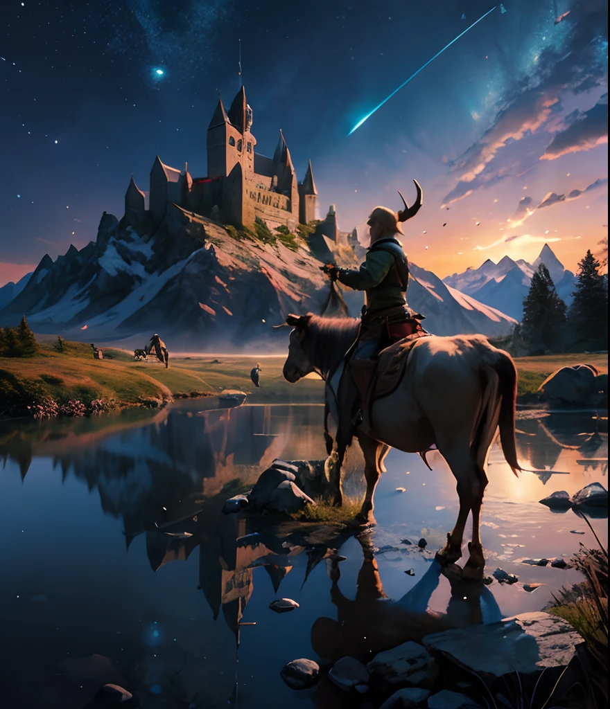 Legend of zelda, male hero holding sword, standing triumphant, dynamic light, mountains, night, stars, moonlight, campfire, reflection lake in background, hyper-realistic, best quality, black hair, medieval, castle on top of mountain in background, cows in background, herd of cattle, grazing, horns, bull