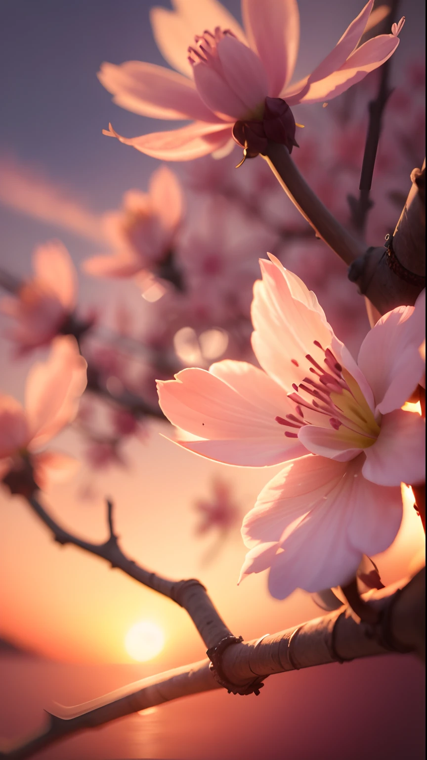 Creates a high-resolution image of a cherry blossom on a beautiful sunset afternoon, close up, ultra detailed, 8K, Sunshine Lights