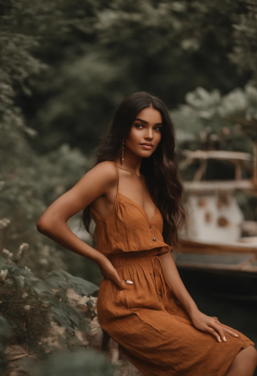 Brown woman young face pale face face for an instagram post long hair black brown eyes dressed with a summer outfit natural makeup pretty cute quite cute body view together