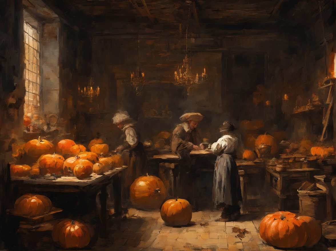 oil painting, heavy brushstrokes, paint drips, A scene of pumpkins, sitting in a vintage kitchen, Baroque, dramatic contrasts between light and dark, emotional intensity, tenebrism, soft edges, oil on canvas, romanticism, baroque, realism, chiaroscuro, Dutch Golden Age, impasto, by Rembrandt van Rijn, by Rembrandt, rich, deep colors, layered image shaded by cells, golden ratio, award winning, professional, highly detailed, intricate, volumetric lighting, gorgeous, masterpiece, sharp focus, depth of field, perfect composition, award winner, artstation, acrylic painting, pixiv fanbox trends, palette knife and brush strokes, 16k hi-res, uhd