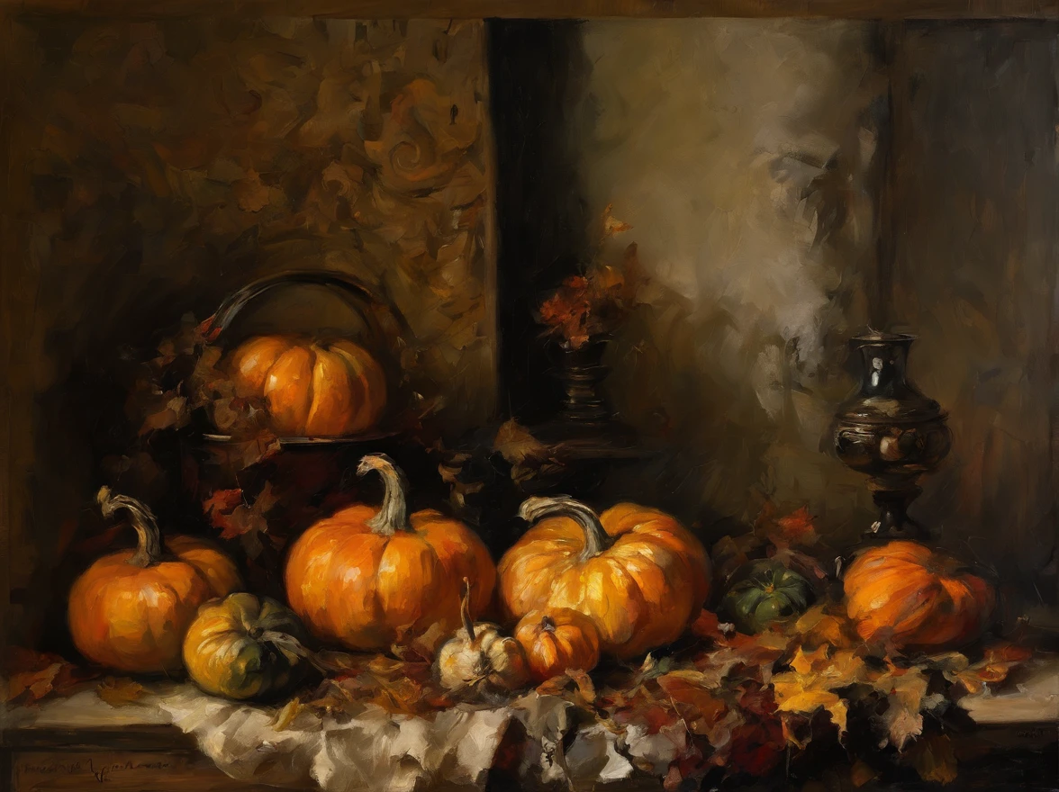 oil painting, heavy brushstrokes, paint drips, A scene of pumpkins, sitting in a vintage kitchen, Baroque, dramatic contrasts between light and dark, emotional intensity, tenebrism, soft edges, oil on canvas, romanticism, baroque, realism, chiaroscuro, Dutch Golden Age, impasto, by Rembrandt van Rijn, by Rembrandt, rich, deep colors, layered image shaded by cells, golden ratio, award winning, professional, highly detailed, intricate, volumetric lighting, gorgeous, masterpiece, sharp focus, depth of field, perfect composition, award winner, artstation, acrylic painting, pixiv fanbox trends, palette knife and brush strokes, 16k hi-res, uhd