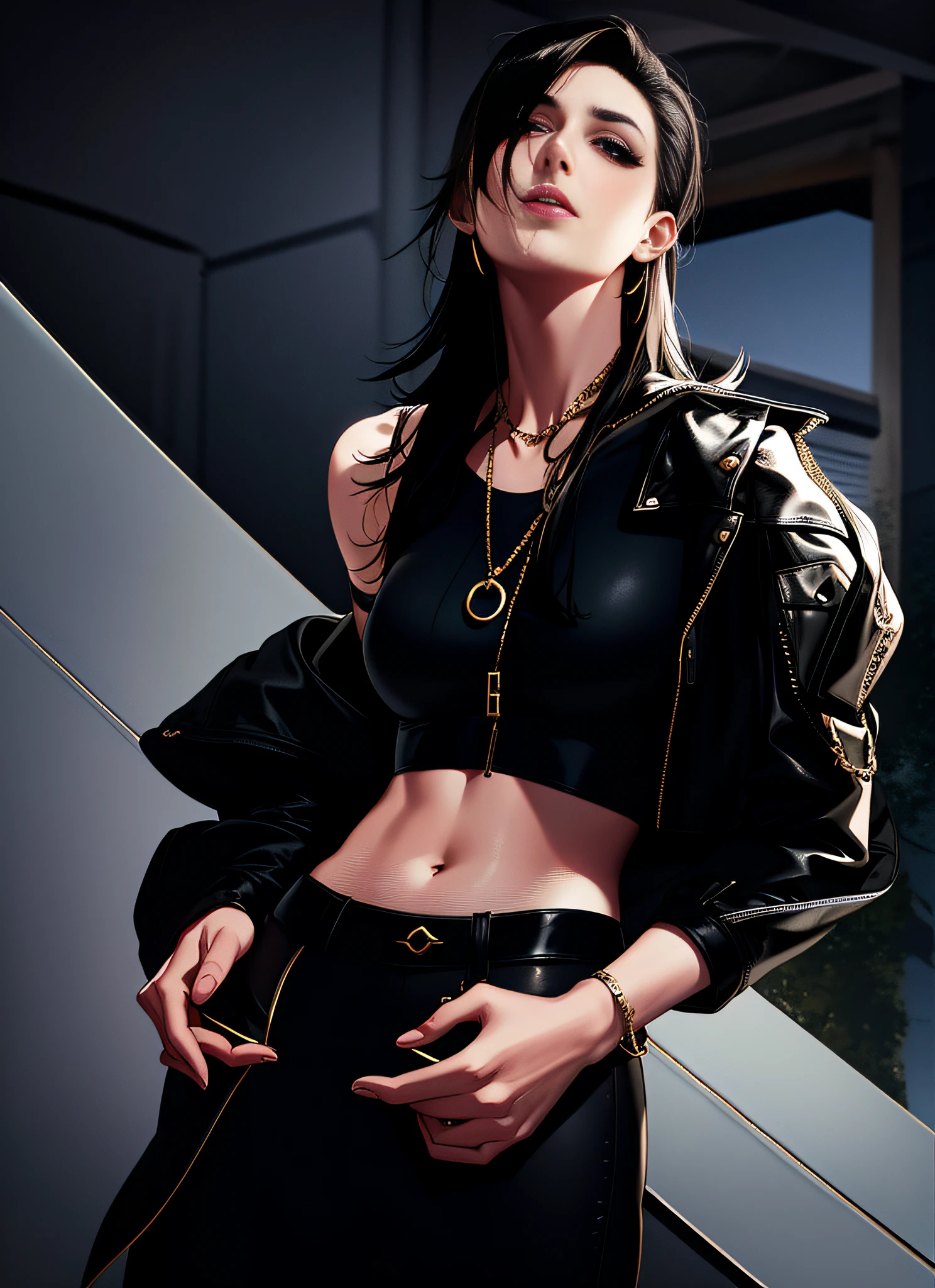 black hair, long hair, parted bangs, forehead, beautiful face, detailed face, good eyes, good hands, (((perfect anatomy))), mature, mature female, anime girl, anime, detailed background, highres, official art, (masterpiece, best quality, absurdres), ((1girl, solo)), a close up of a woman in a black top and black pants, cropped jacket, black leather slim clothes, wearing a sexy cropped top, crop top, black top, wearing a cropped black tank top, black pants, black jacket, necklace, bracelet, open jacket, single bare shoulder, off shoulder, head up, looking at viewer, closed mouth, black eyes, stomach, nice belly, thin, skinny, toned, ribs, nice navel, outdoors, cityscape