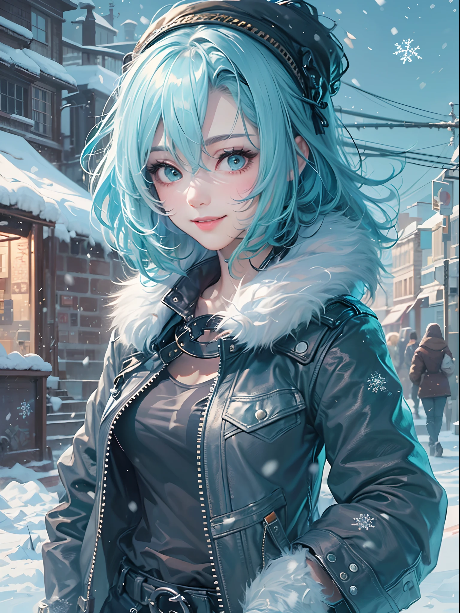 Best Quality,超A high resolution,1girl in,Solo,Full body,Snow,city,, Blue hair,Green eyes,nffsw,Tank tops、Leather pants、Smile gently、
