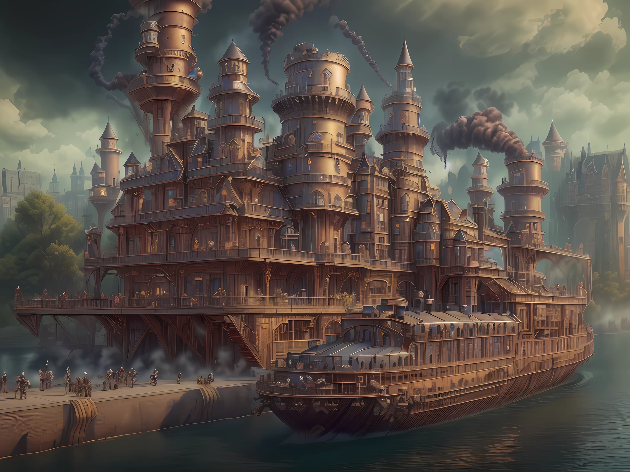a long shot (picture: 1.3) of a steampunk castle moving on (motorized steam boat: 1.3) on the river, steampunk castle, state of the art, (military thinking, ready for combat: 1.3) with (turrets: 1.1), (towers:1.1), (bridges between towers:1.2), (big barbican:1.1), (canons on the walls: 1.3), wide ricer background, motorized steam boat, platform, (castle on the platform:1.3) huge epic steam boat carrying the castle, photorealistic, 16k, RAW, award winning, (best detailed: 1.5), masterpiece, best quality, (ultra detailed), full body, ultra wide shot,