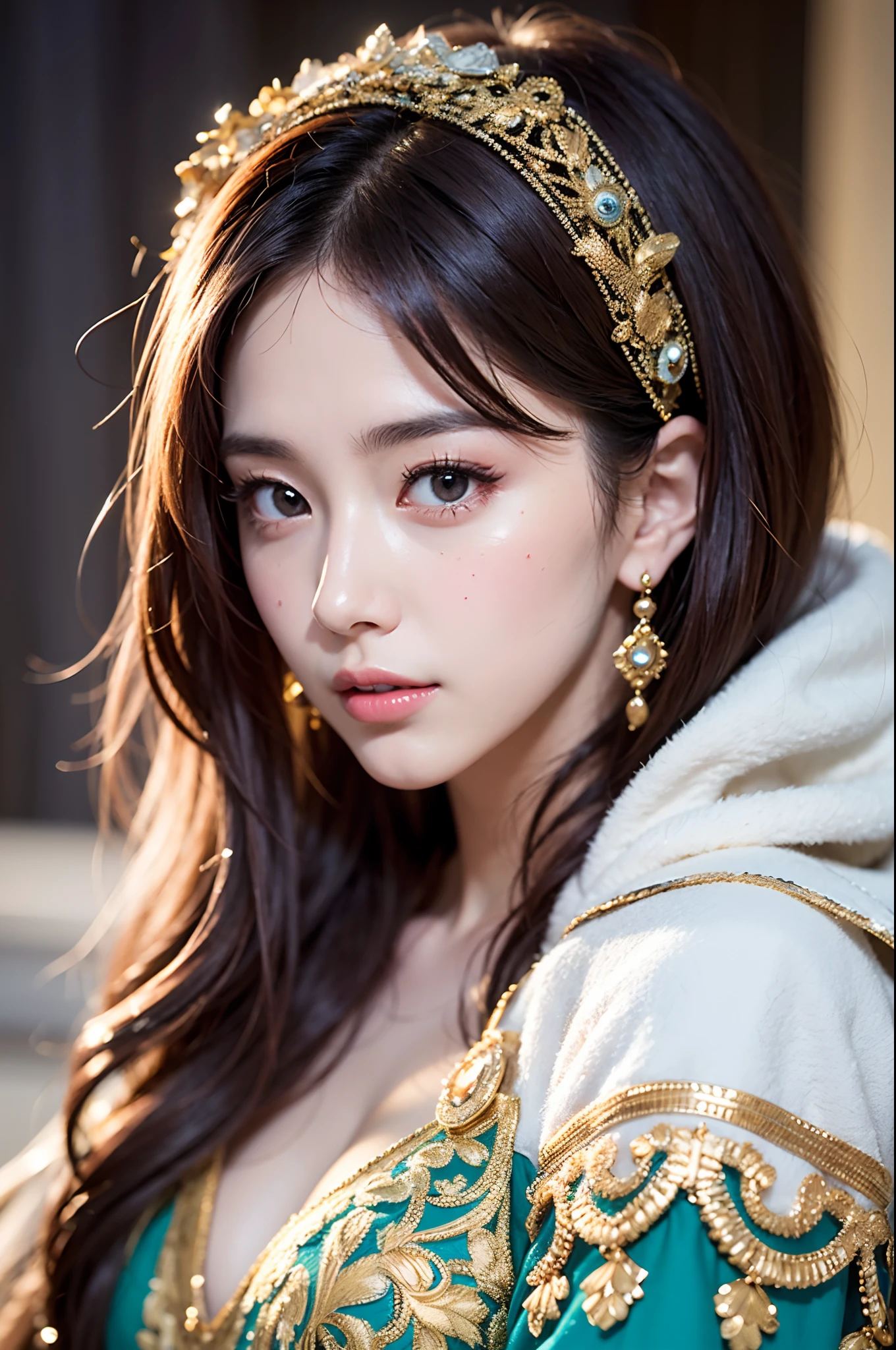 Top Quality, Ultra High Resolution, (Photorealistic: 1.4), Cinema Light, Depth of Field, Beautiful Face, (PureErosFace_V1:0.8), |1 Girl, Fan Bing, Woman in Blue Dress and Gold Jewelry, Fan Bing Fashion, Colossal, White Cloak, Intricate Design, Cathedral Background, Extra Long Wavy Brown Hair, RAW, Beautiful Women, (detailed face), (detailed facial features), (fine detailed skin), pale skin, (masterpiece), perfect proportions, realistic photo, full shot, full body, (body portrait),