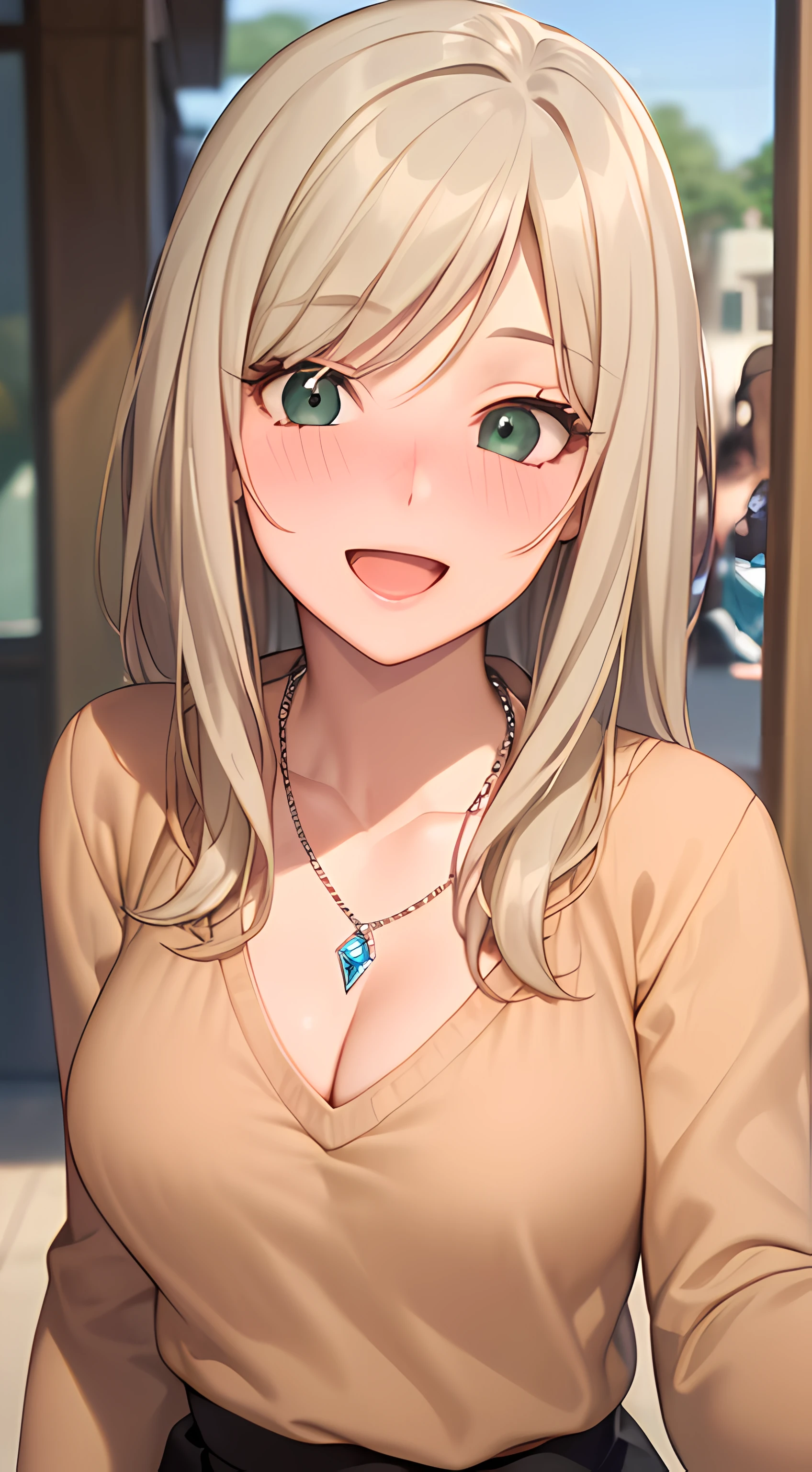 ((masterpiece, best quality, highres, UHD, RTX, perfect pixel, depth of field, 4k, extremely-detailed))), 1girl, single, solo, beautiful anime girl, beautiful artstyle, anime character, ((long hair, parted bangs, middle part hair bangs, dark blonde hair)), ((green eyes:1.4, rounded eyes, beautiful eyelashes, realistic eyes)), ((detailed face, blushing:1.2)), ((smooth texture:0.75, realistic texture:0.65, photorealistic:1.1, anime CG style, vibrant color)), ((medium breasts, cleavage, busty)), dynamic angle, perfect body, ((POV, dynamic pose, close up, looking at viewer)), ((brown sweater, long sleeve, black skirt, fashionable, single handbag, 1diamond necklace)), smile, open mouth, embrassed, amusement park