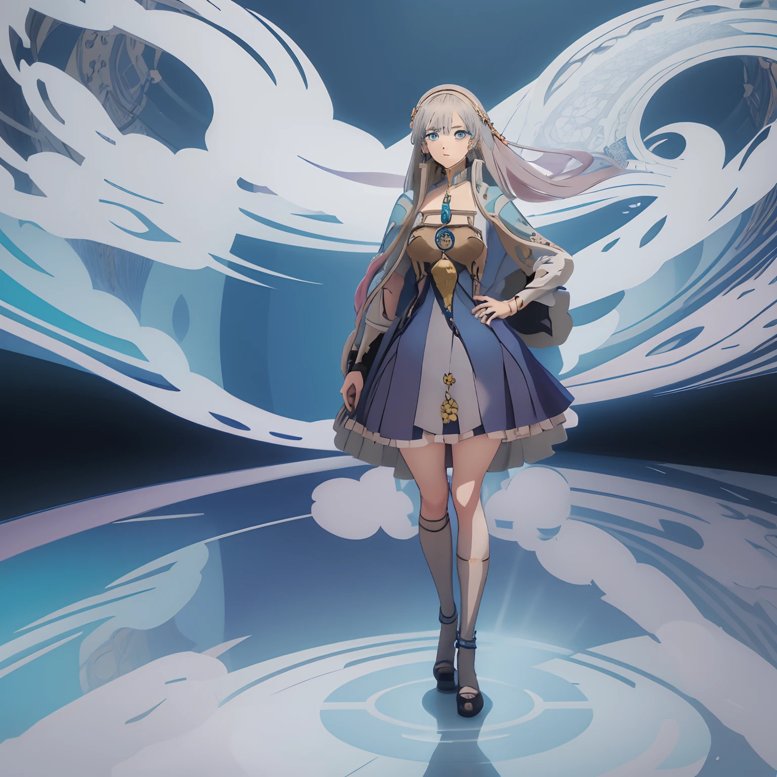 1 girl, inspired by the body and face of Anastasia from the anime FGO, and the hair of Kamisato Ayaka, blue eyes, long brown hair, medium breasts, standing, dynamic pose, short dress with, shoe with heels, tight stockings thigh, thick thighs, full body, perfect anatomy, beautiful, extreme beauty girl