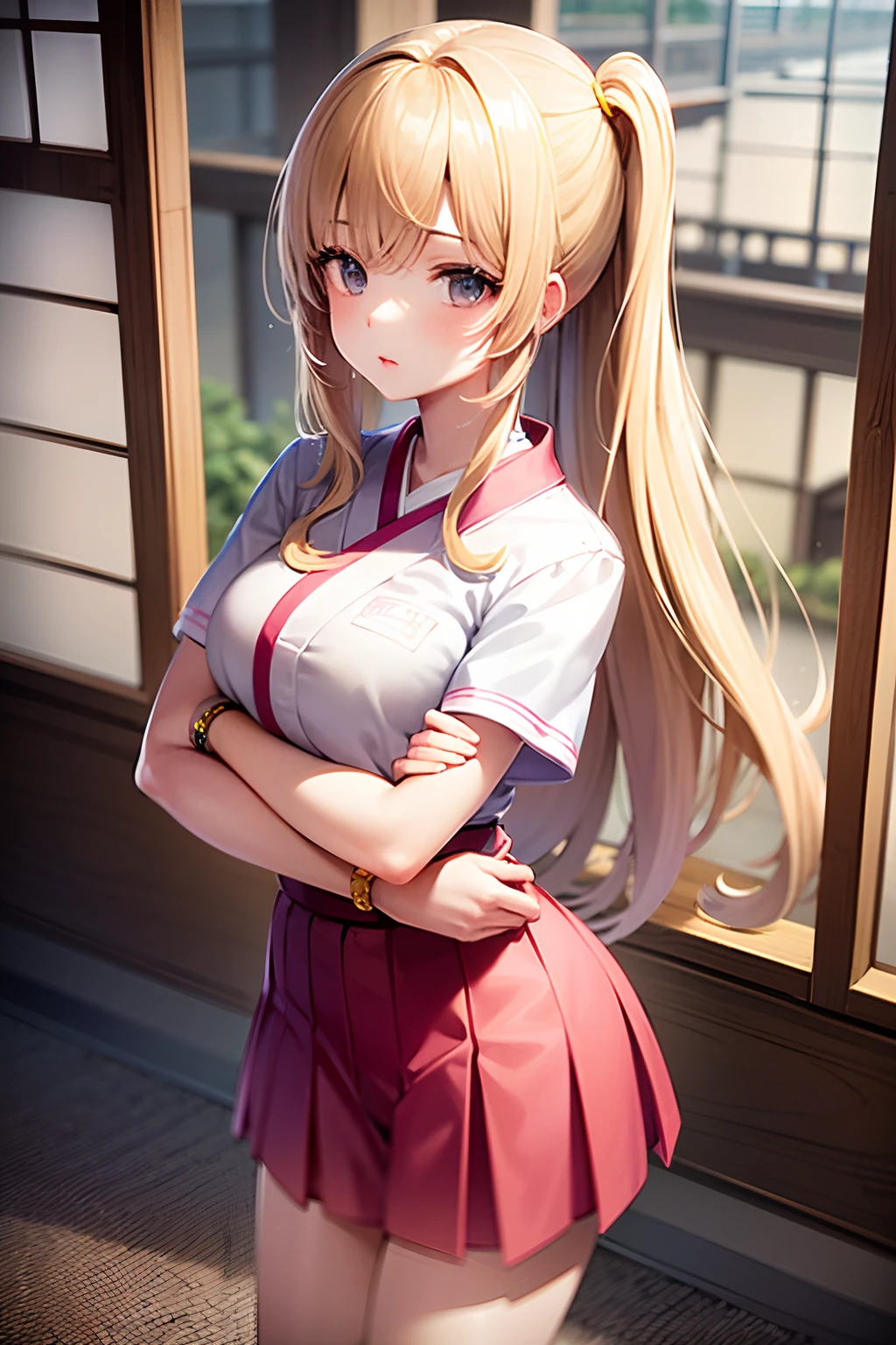 1 girl, solo, masterpiece, blonde hair,straight haired,long hair,pink lips, Japanese school shirt, Japanese skirt,cute and beautiful illustration,soft, bracelet, posing, standing position,