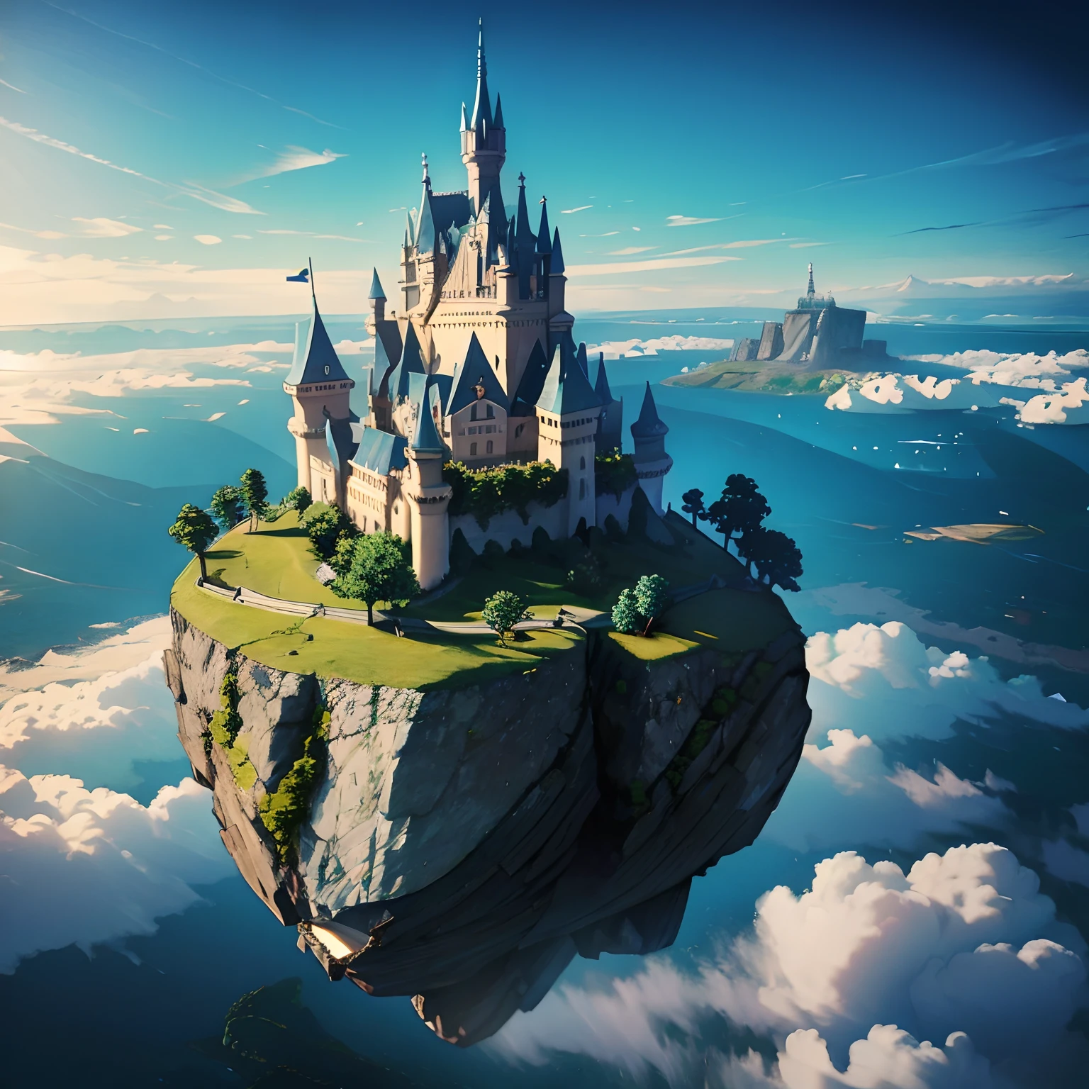 1 large flying rock with a castle sitting on top of it. The rock is not n the ground.