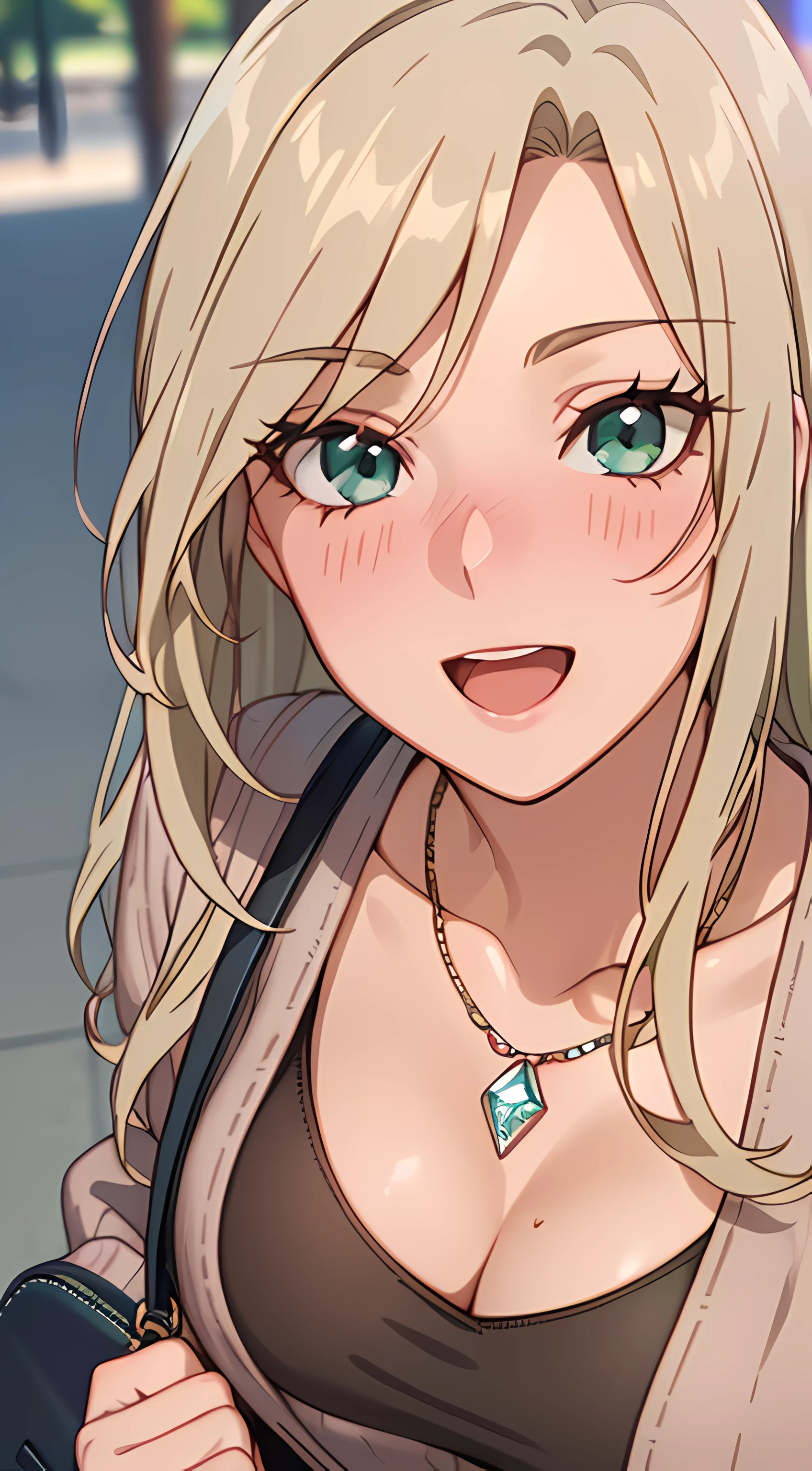 ((masterpiece, best quality, highres, UHD, RTX, perfect pixel, depth of field, 4k, extremely-detailed))), 1girl, single, solo, beautiful anime girl, beautiful artstyle, anime character, ((long hair, parted bangs, middle part hair bangs, dark blonde hair)), ((green eyes:1.4, rounded eyes, beautiful eyelashes, realistic eyes)), ((detailed face, blushing:1.2)), ((smooth texture:0.75, realistic texture:0.65, photorealistic:1.1, anime CG style, vibrant color)), ((medium breasts, cleavage, busty)), dynamic angle, perfect body, ((POV, dynamic pose, close up, looking at viewer)), ((brown sweater, long sleeve, black skirt, fashionable, single handbag, 1diamond necklace)), smile, open mouth, embrassed, amusement park