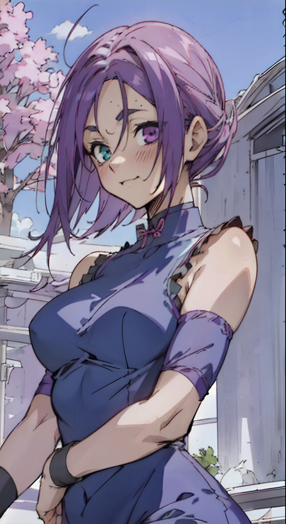 Masterpiece, Best quality, Ultra-detailed, Off-the-shoulder attire, Colorful,take up close, Hyper-detailing,purple color hair, reo mikage, bluelock, no sleeves, camisole, navy blue camisole, cheongsam, navy blue cheongsam, chinese clothes, chest exposure, underwear, frilly underwear, the kinky is exposed, collar, black collar, arm warmers, sexy breasts, scar, big breasts, red blush, 1girl, Solo, sharpy face, heterochromia, green eyes, purple eyes, Bare neck, happiness face, rays of sunshine, brautiful sky, shining sky, slum town