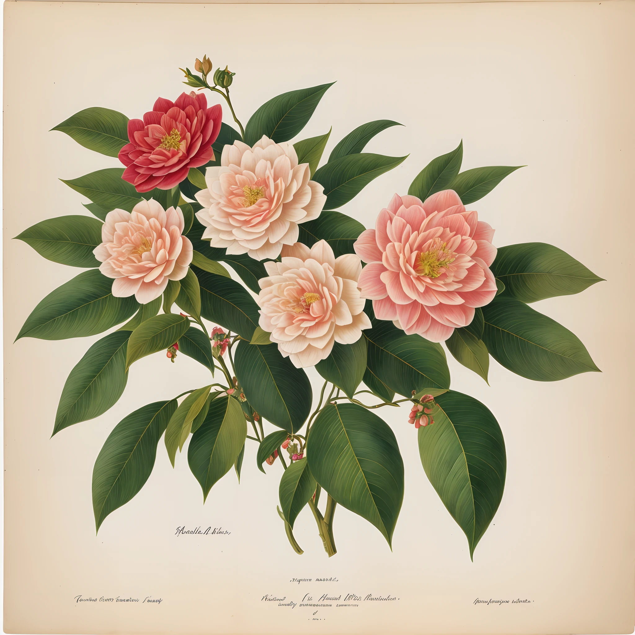 (best qualityer: 1.2), (Detailed: 1.2), (tmasterpiece: 1.2), Vintage botanical illustration of camellia,Science,White background (1770-1775) in high resolution by John Edwards