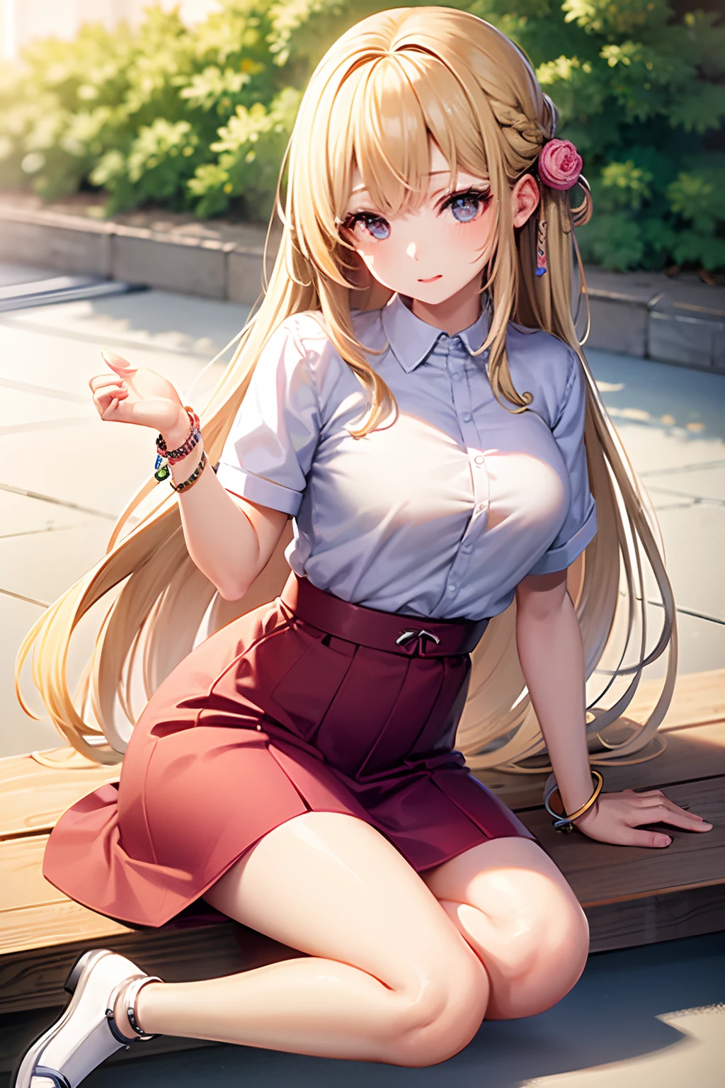 1 girl, solo, masterpiece, blonde hair, straight haired,long hair,pink lips, Japanese school shirt, Japanese skirt,cute and beautiful illustration,soft, bracelet.