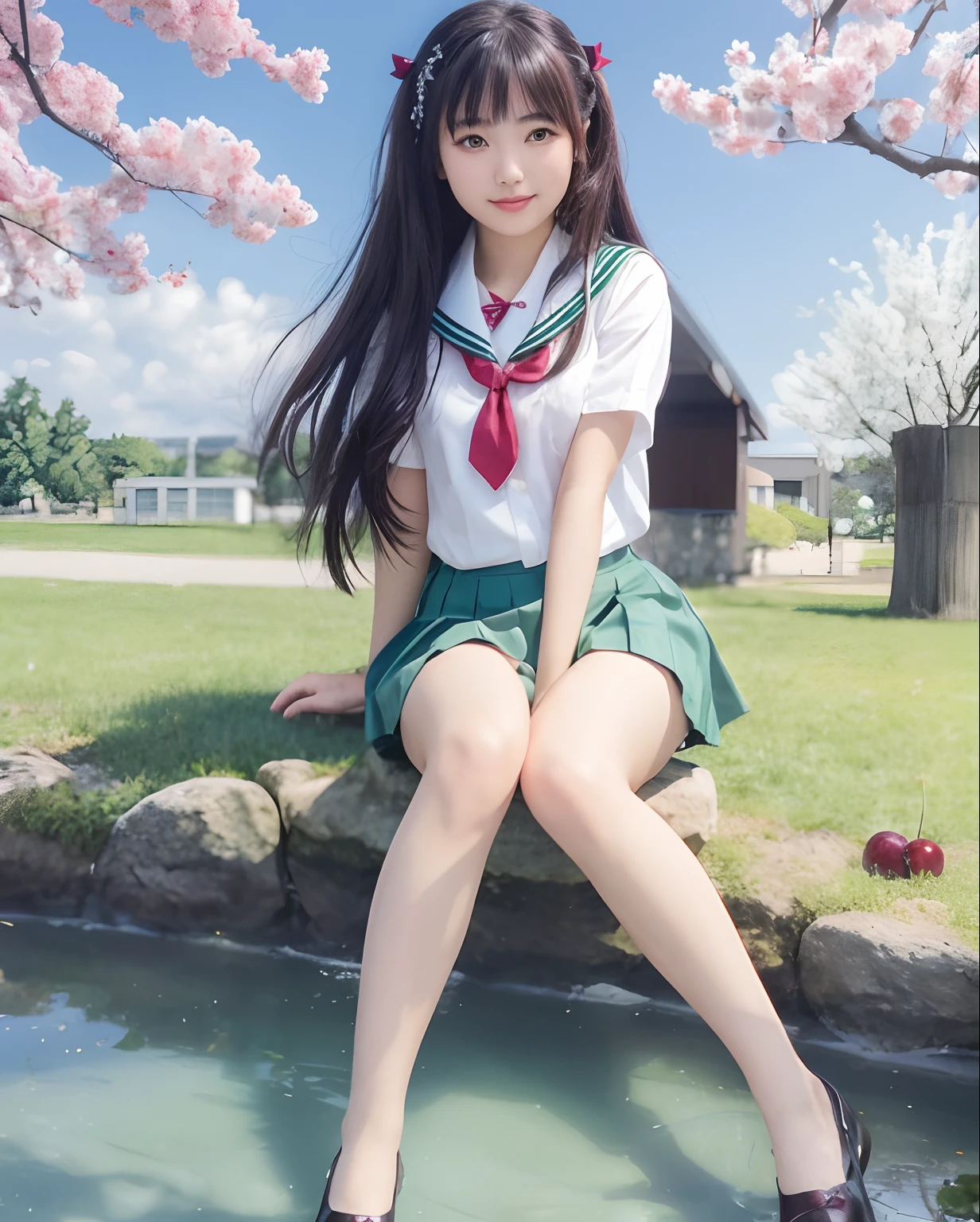 girl sitting on a rock by a pond with a cherry tree in the background, a cute girl, iwakura lain, beautiful high school girl, beautiful girl, sailor uniform, green short skirt,red tie