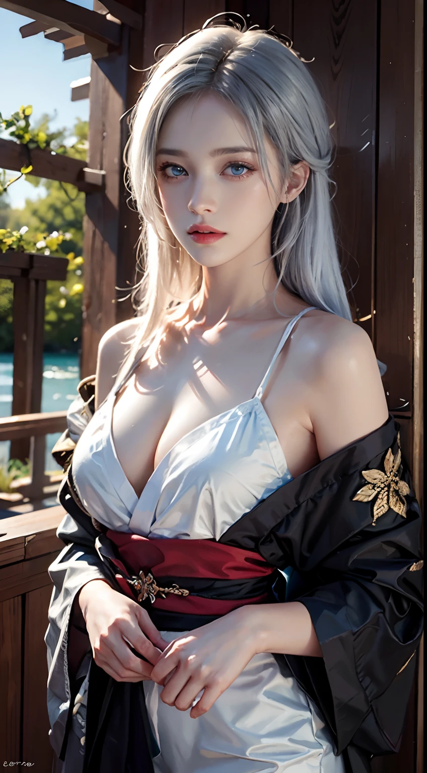 photorealistic, masterpiece, photorealistic, high resolution, soft light, waist up, blue eyes, white hair, long hair, sexy, kimono