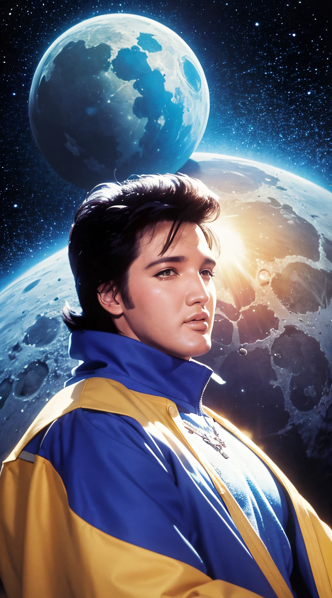 Show Elvis Presley on the moon, surrounded by a cosmic aura.