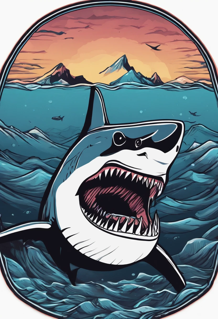 /Imagine Prompt: Shark illustration for sticker on black background, Bold outline style, jagged, Trashcore, Light Shading - V 5.2