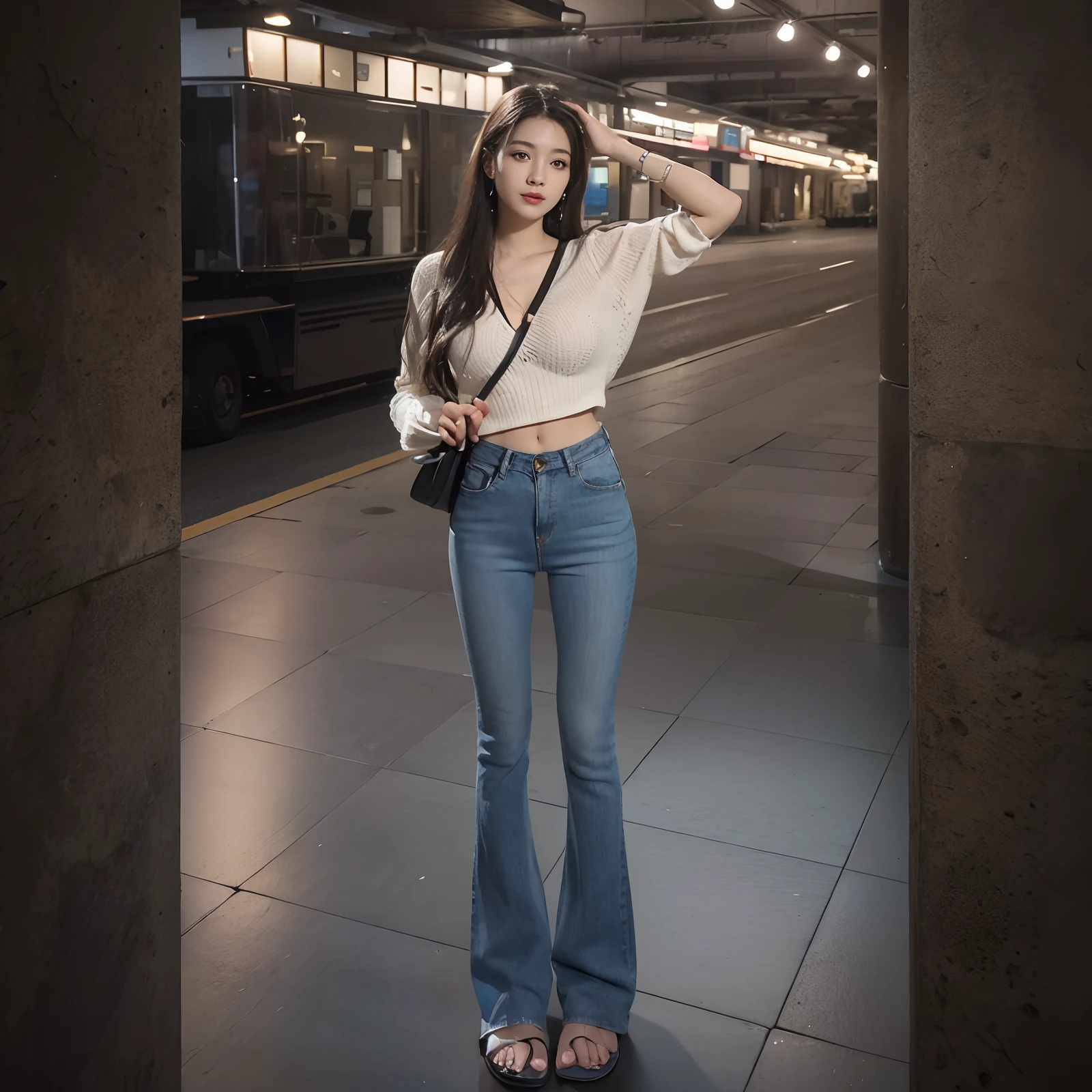 ((Best quality, realisticlying, 8k ultra high definition, Masterpiece: 1.3)), Focus: 1.5, Slim and slim figure,Petite,being thin: 1.4, (long beautiful hair,hair straight,Brown Black,Delicate hair)), (Wet clothes: 1.1) , (rain, sea beach: 1.3), 1 beautiful maiden(18yr old), 独奏,Black slip sweater, No bra, Raised breasts cleavage, Petite: 1.5, Big breasts Thin waist,Small buttocks,The flat lower abdomen is exposed,Stylish long jeans,(Low Waist),(Open navel), (Branded fashion flared pants:1.2), (Stylish washed blue trousers:1.2),Premium texture: 1.3, High-quality granularity, (Nice little crystal sandals: 1.2), Legs are well-proportioned,Highly detailed face and skin texture,petty face,Super nice looking, Beautiful eyes, 二重まぶた , delicated, beautifuldetails, Fair face and skin, Smile, Toothy,lipsticks,There are dimples,(female focus, waistup & hips focus, close focus, hdr shot), Legs together, varied pose,taken from behind (full bodyesbian: 1.8))