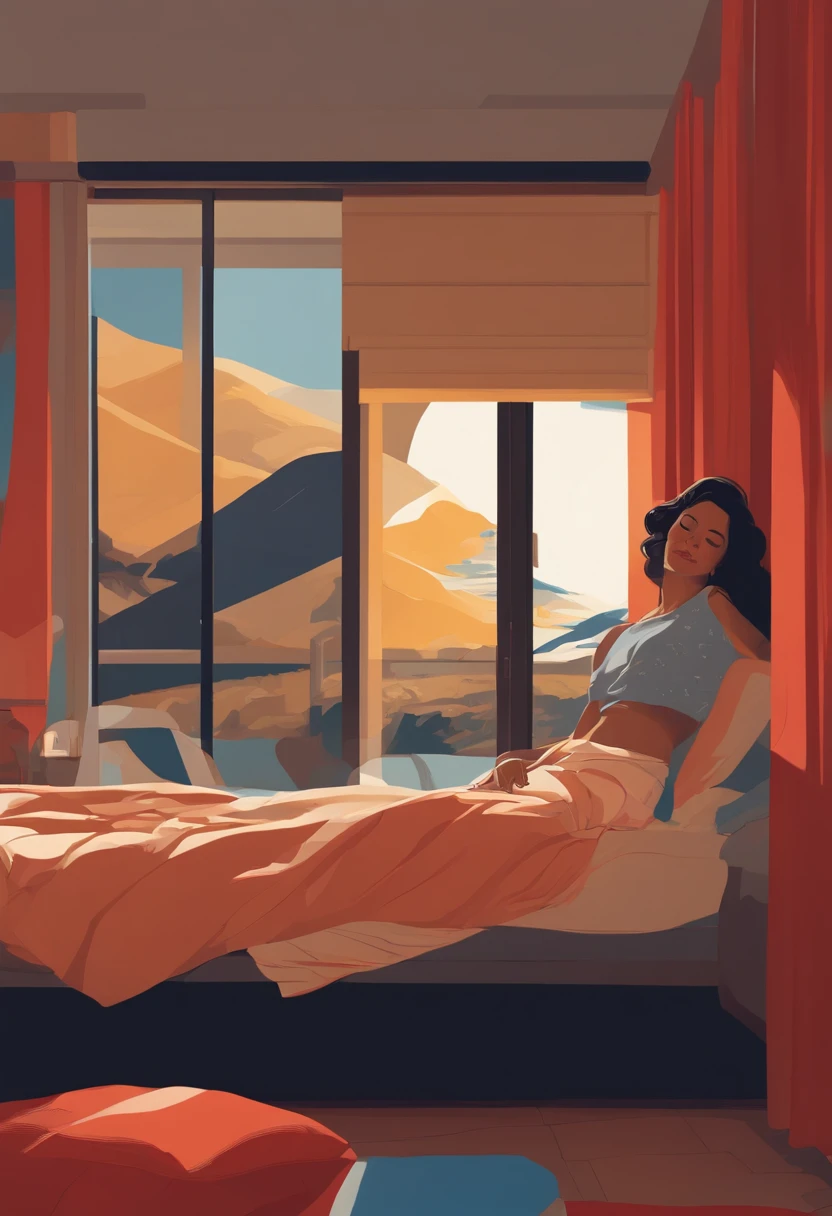 1girl, primary colors with white highlights, close-up portrait, hair blown by the wind, Rest, style by Tomer Hanuka and Atey Ghailan and Roy Lichtenstein and Maxfield Parrish, in the style of official art, with one's eyes closed, full body, Vector, Cell shade, sleep, (in bedroom), pyjamas