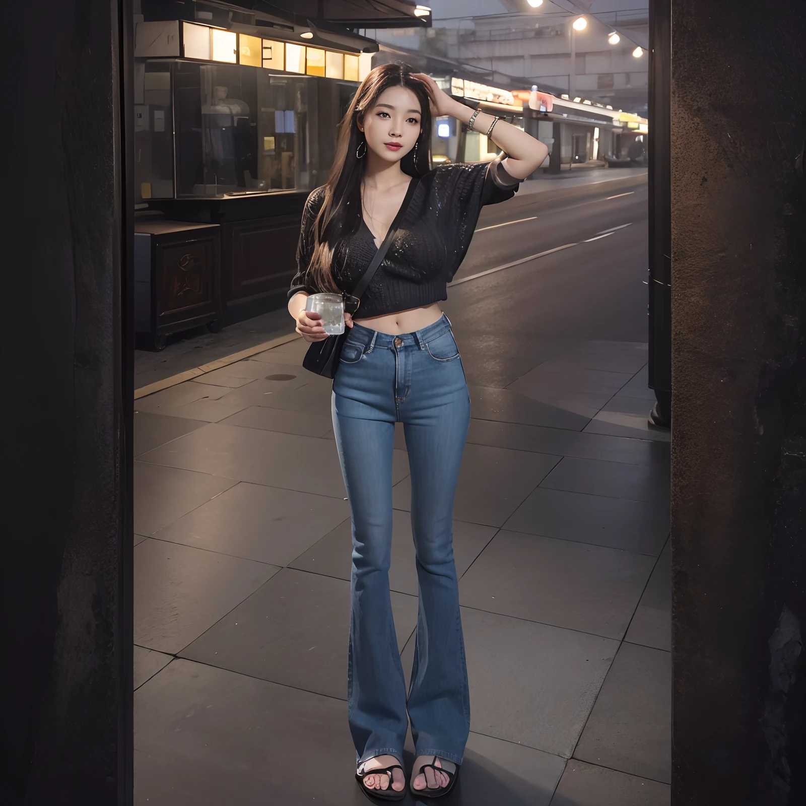 ((Best quality, realisticlying, 8k ultra high definition, Masterpiece: 1.3)), Focus: 1.5, Slim and slim figure,Petite,being thin: 1.4, (long beautiful hair,hair straight,Brown Black,Delicate hair)), (Wet clothes: 1.1) , (rain, sea beach: 1.3), 1 beautiful maiden(18yr old), 独奏,Black slip sweater, No bra, Raised breasts cleavage, Petite: 1.5, Big breasts Thin waist,Small buttocks,The flat lower abdomen is exposed,Stylish long jeans,(Low Waist),(Open navel), (Branded fashion flared pants:1.2), (Stylish washed blue trousers:1.2),Premium texture: 1.3, High-quality granularity, (Nice little crystal sandals: 1.2), Legs are well-proportioned,Highly detailed face and skin texture,petty face,Super nice looking, Beautiful eyes, 二重まぶた , delicated, beautifuldetails, Fair face and skin, Smile, Toothy,lipsticks,There are dimples,(female focus, waistup & hips focus, close focus, hdr shot), Legs together, varied pose,taken from behind (full bodyesbian: 1.8))
